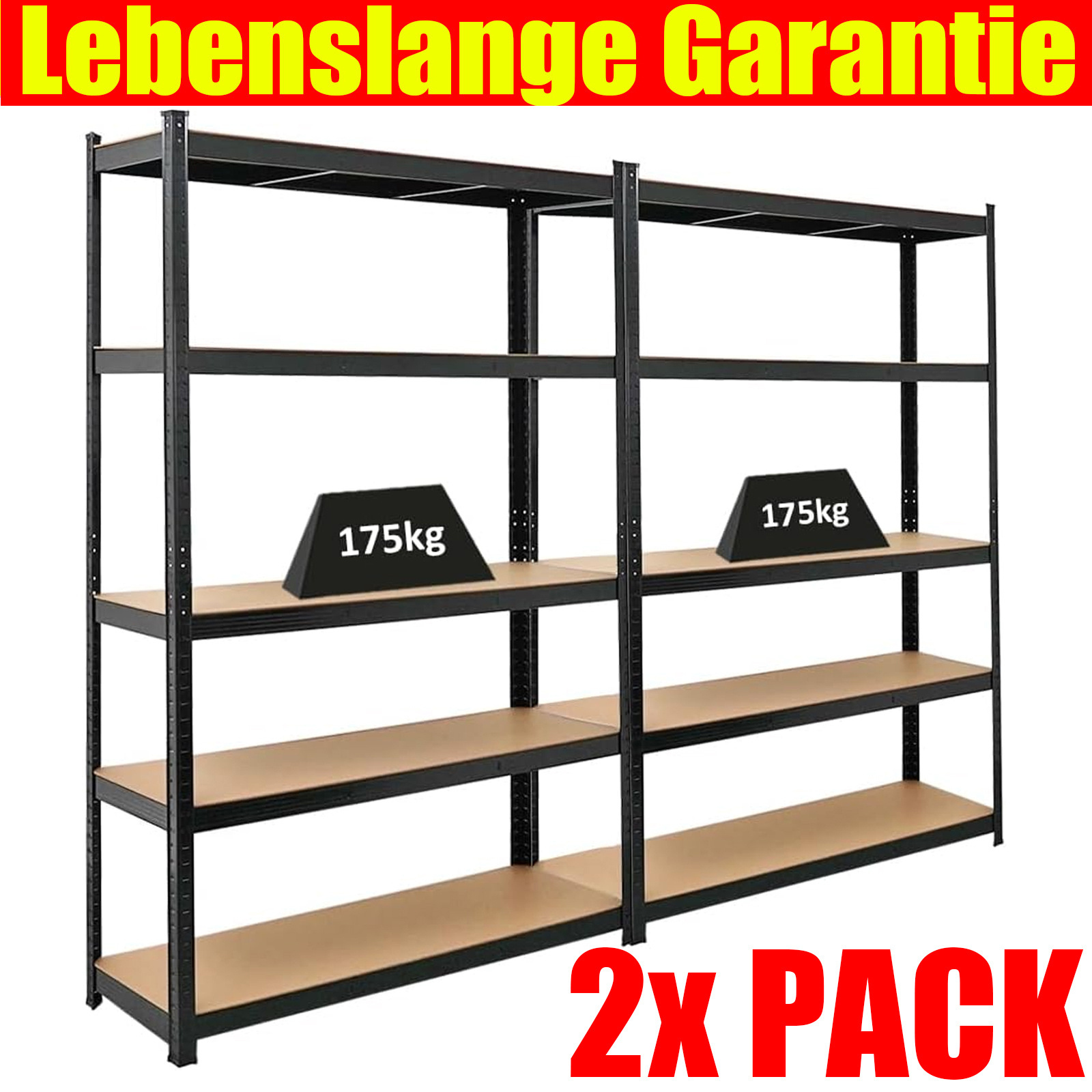 E-shop 2x PACK 5-stöckige Regalregal, robuste Metallregale, schraubfreie Montage, 200 x 100 x 50 cm verstellbares Universalregal, Stahlregal mit