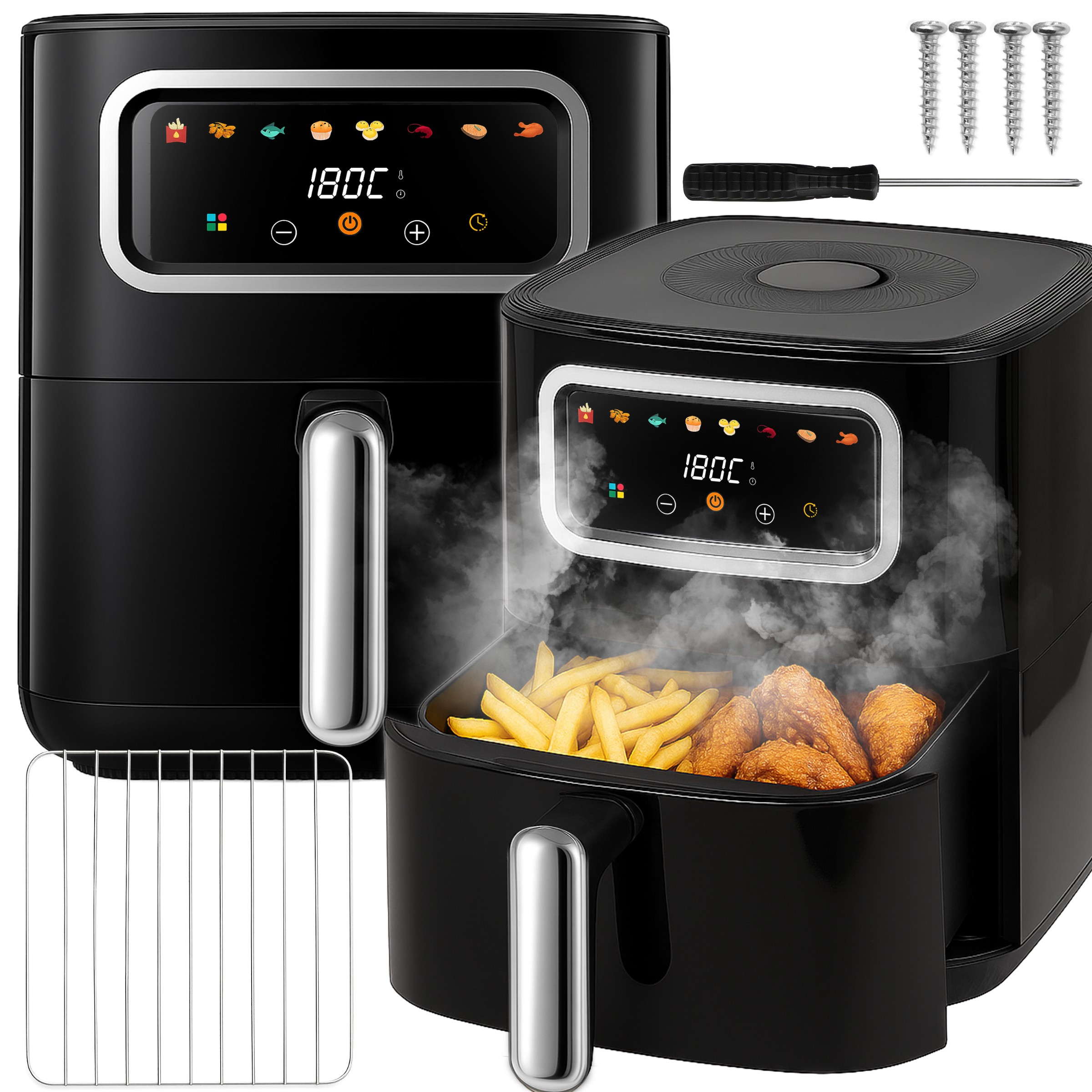 Fat-free Fryer Air Fryer 5.5l, 1500w, 5 Programs, Temperature Range 80-, 60 Min Timer, Touch Lcd Display, Temperature And , Sound Signal, Basket And Grill Rack Included, Hot Air Cooking