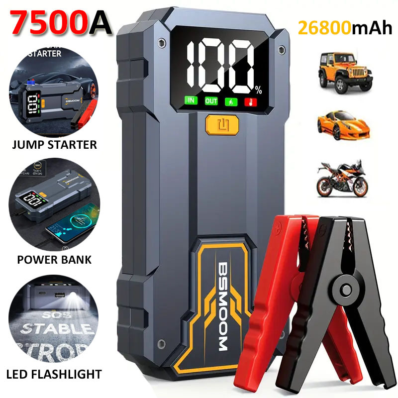 E-shop 7500A Auto-Startstarter mit LED-Taschenlampe, Großem LCD-Bildschirm, 12V Notfall-Batteriebooster für Autos, Sprungbox, Tragbarer Ladegerät