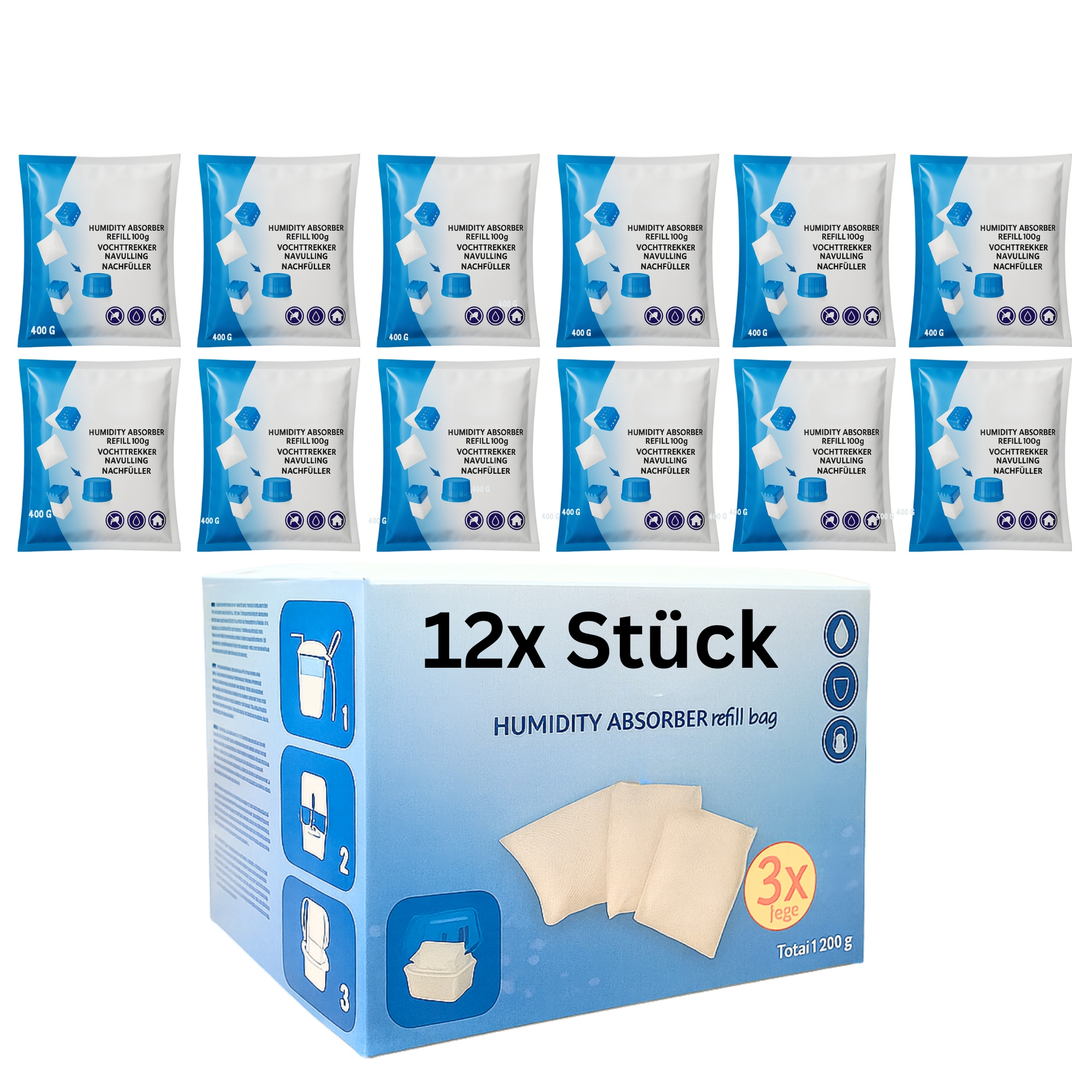 Universal Air Dehumidifier Refill Pack 12 X 400g Dehumidizer For Room Dehumidifiers And Air Dehumidifier Box Refill Packs Against Moisture & Odors For Bathroom, Basement
