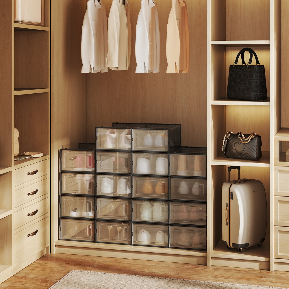 TEMU Boîte de rangement, boîte à chaussures, pliable, lot de 18, convient aux chaussures jusqu'à la taille 44, transparente et noire