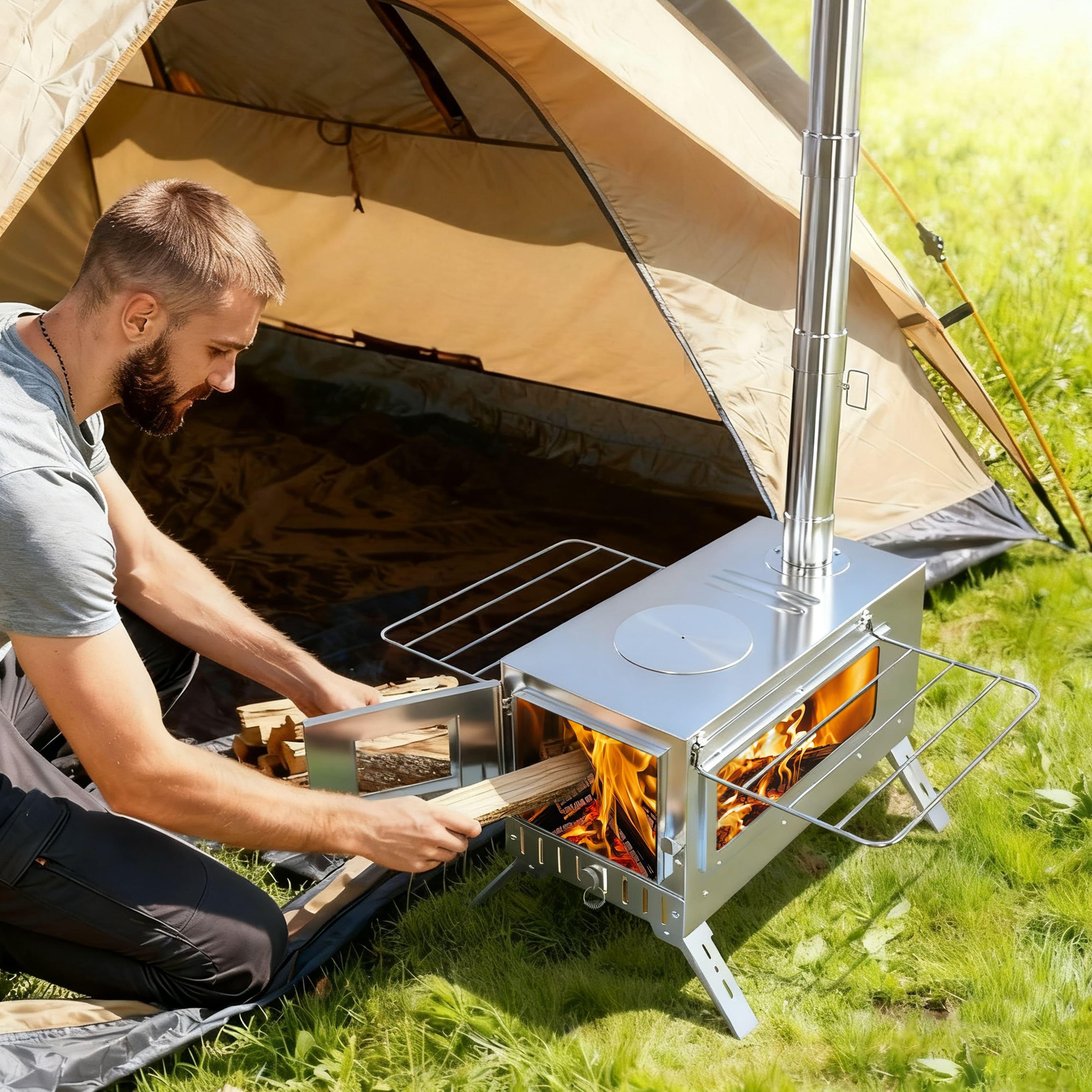 Image of Portable Stainless Steel Wood Stove For Hot Tents | Collapsible With 7pcs Chimney Pipe | Lightweight Wood Burning Stove For Camping, Hiking, Survival, And Backpacking