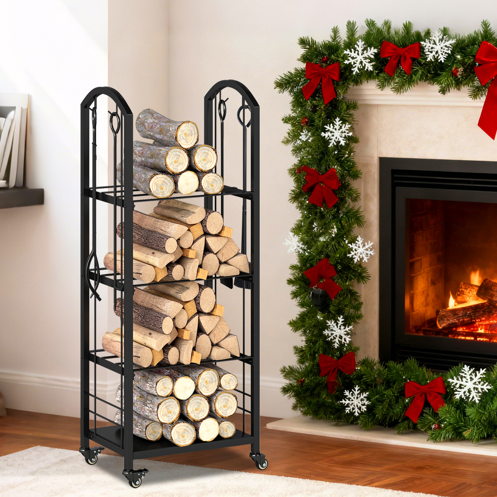 Image of 4-tier Rolling Firewood Log Rack, Indoor Outdoor Fire Wood Holder On Wheels With Tong, , Broom & Shovel, 5-piece Heavy-duty Fireplace Tools Set For Lumber Storage