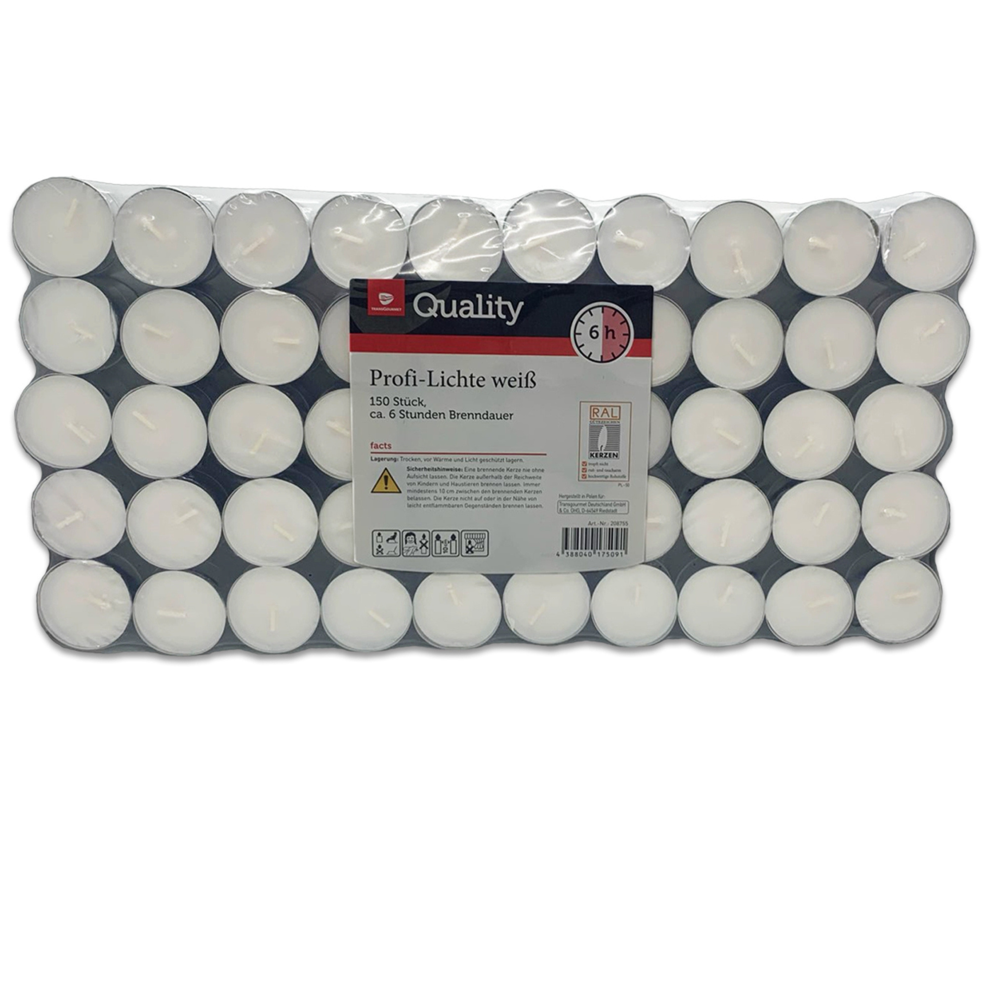 150pcs Of White, Unscented Tea Lights In Bulk Packaging With / Lights Are 40 Mm (diameter) X 15 Mm (height) In Size / Lights Are Certified With The Ral Quality Mark.