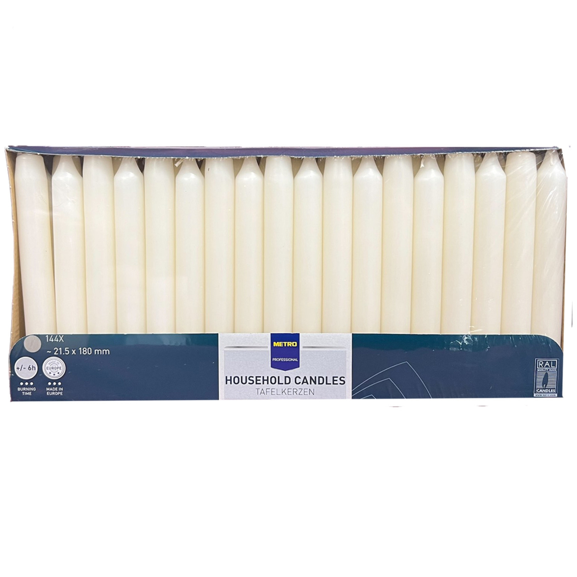 Image of Metro Professional Table Candles, 144pcs, Ivory, 21.5 Mm (180 Mm Long), Approximately 6h , Supplies, Candles, Straight Candles, Household Candles, .