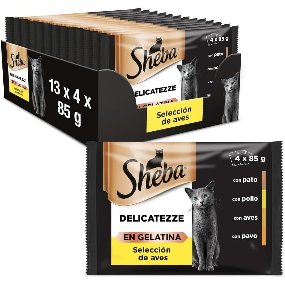 TEMU Sheba Comida Húmeda para Gatos Selección de Aves en Gelatina, Multipack (13 cajas x 4 sobres x 85g)