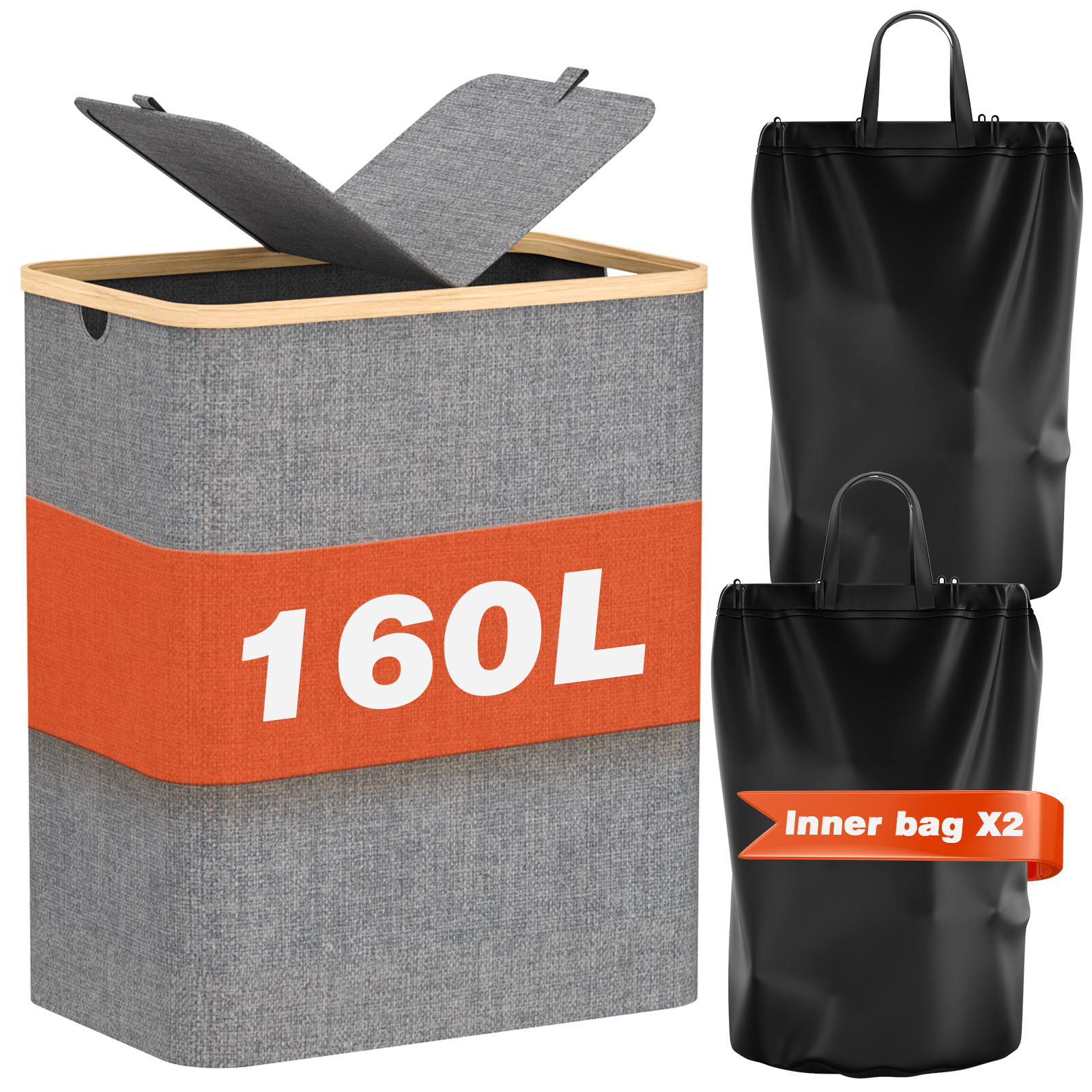 E-shop 160 L Wäschekorb mit 2 Deckeln, faltbarer Wäschekorb, 2 Fächer mit 2 herausnehmbaren Wäschetaschen, Wäschekorb mit Bambusgriff