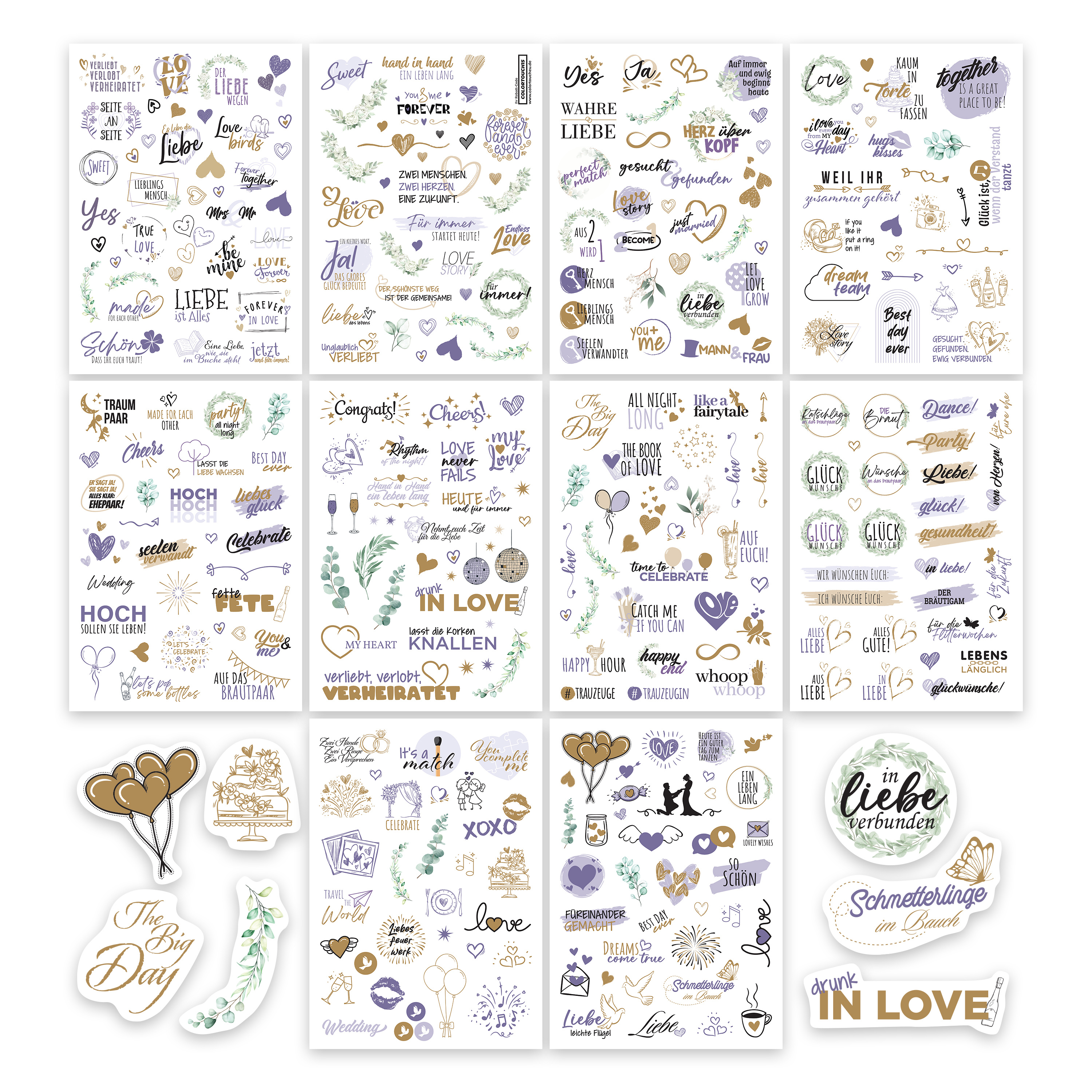 E-shop colortouch Sticker Hochzeit Gästebuch (325 Motive), Aufkleber Hochzeit für Fotoalbum, 10 Blatt Hochzeitsaufkleber für , Vintage Hochzeitsdeko,