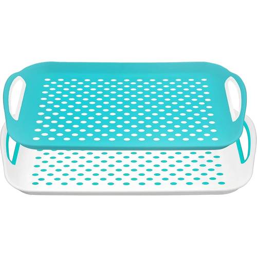 2x set of anti slip rectangular non slip top and plastic dinner drinks serving tray with rubber surface handles