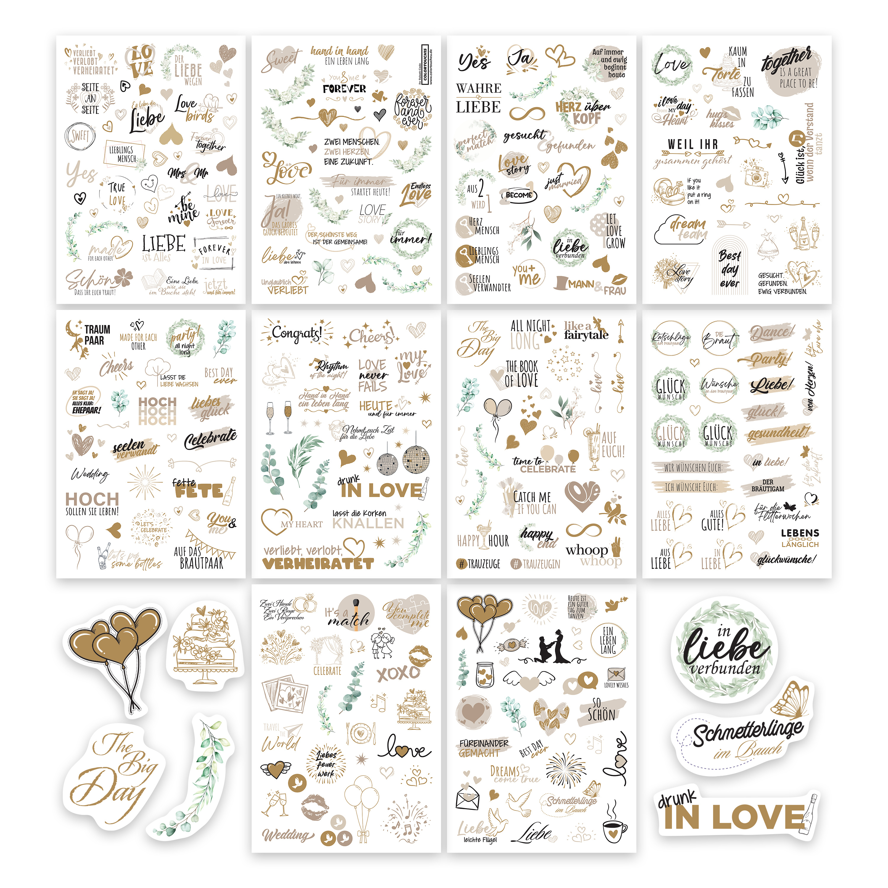 E-shop colortouch Aufkleber Hochzeit Gästebuch (325 Motive), Sticker Hochzeit für Fotoalbum, 10 Blatt Hochzeitssticker für Bullet Journal, Vintage