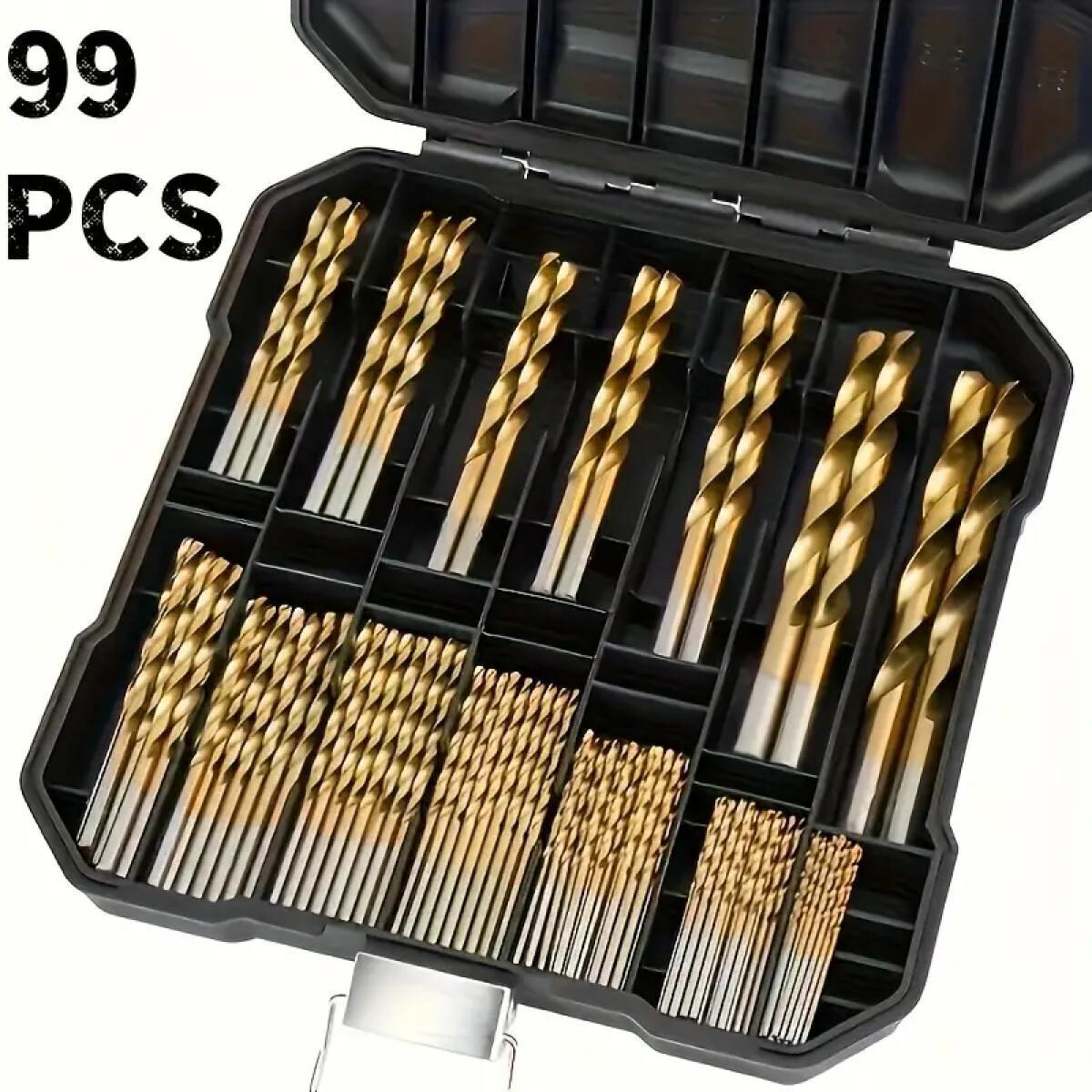 E-shop 99-teiliges Set mit Titanbeschichteten HSS-Bohrern, 1,5–10 mm runde Schneidebohrer mit Aufbewahrungsbox, für Metall, Holz, Kunststoff,