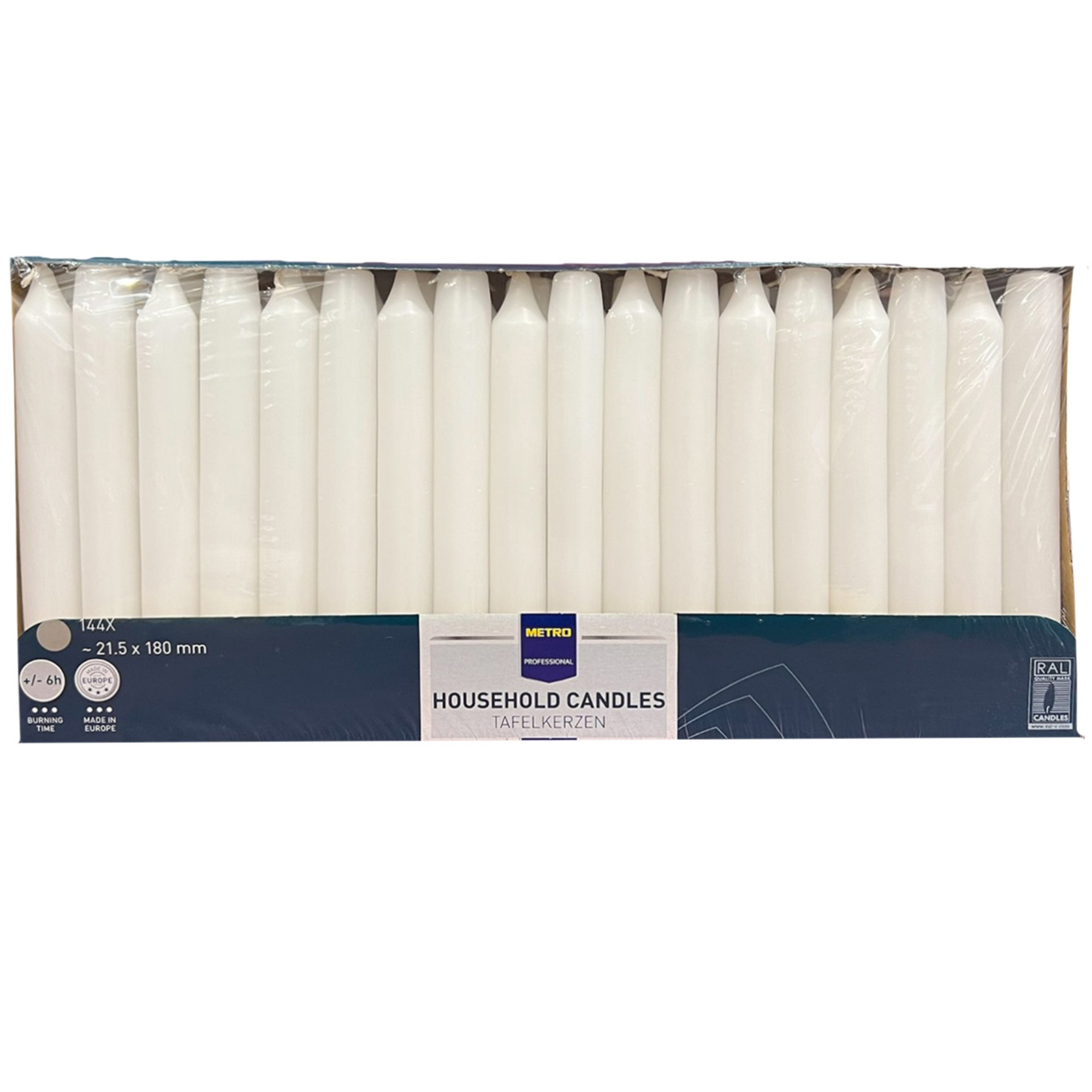 Image of Metro Professional Table Candles, 144pcs, White, 21.5 Mm (180 Mm Long), Approximately 6h , Supplies, Candles, Straight Candles, Household Candles