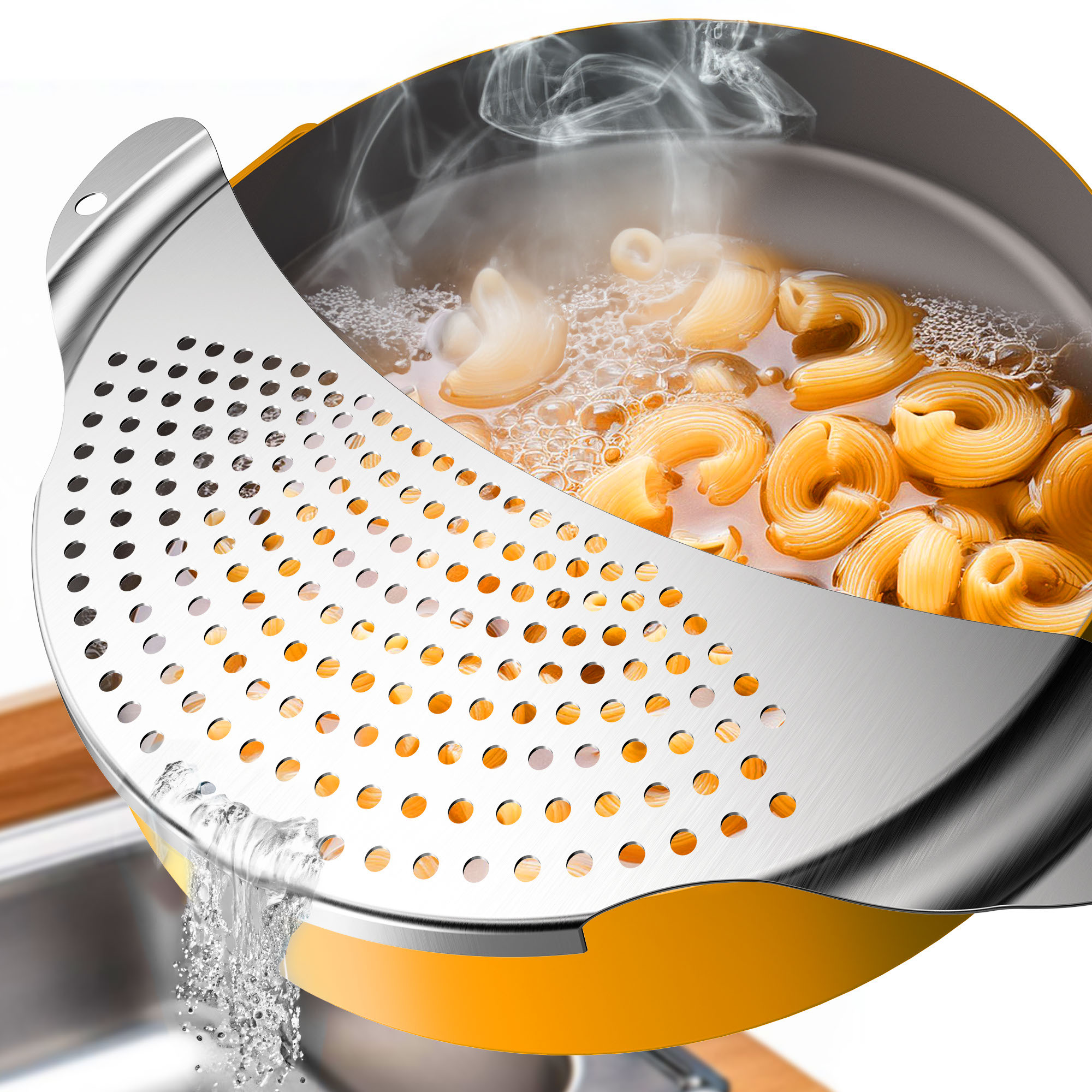Image of Home Stainless Steel Pasta Strainer – Flat Draining Aid Fits Pots And Pans Up To Ø | Sturdy Colander For Pasta, Potatoes, And Vegetables