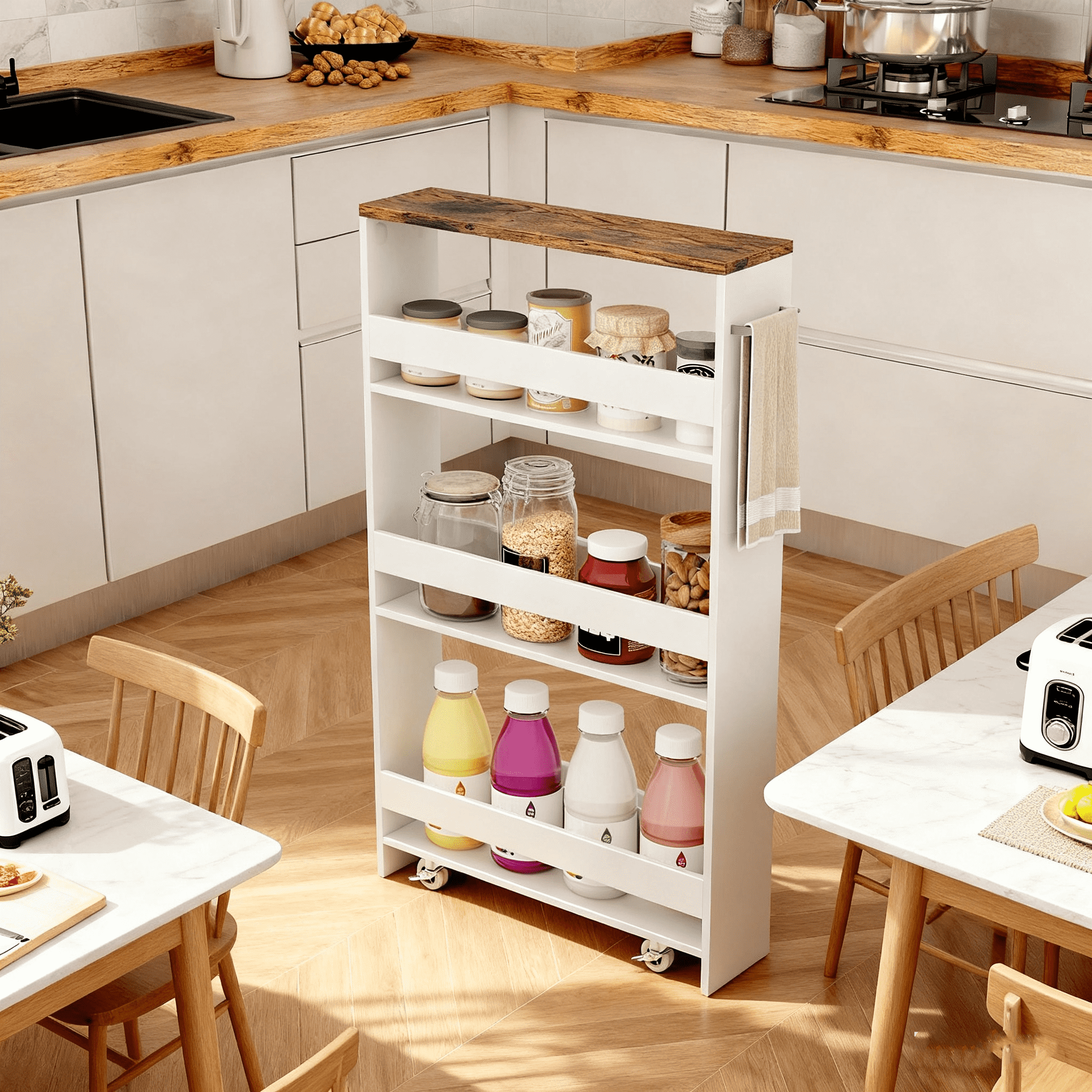 Image of Slim Storage Cart With Wheels, 4-tier Narrow Kitchen Utility Cart With Shelves & Handle, Mobile Shelving Unit Organizer For Living Room, Laundry, Small Space, 47,5 X 13 X 80,5cm, White & Rustic Brown