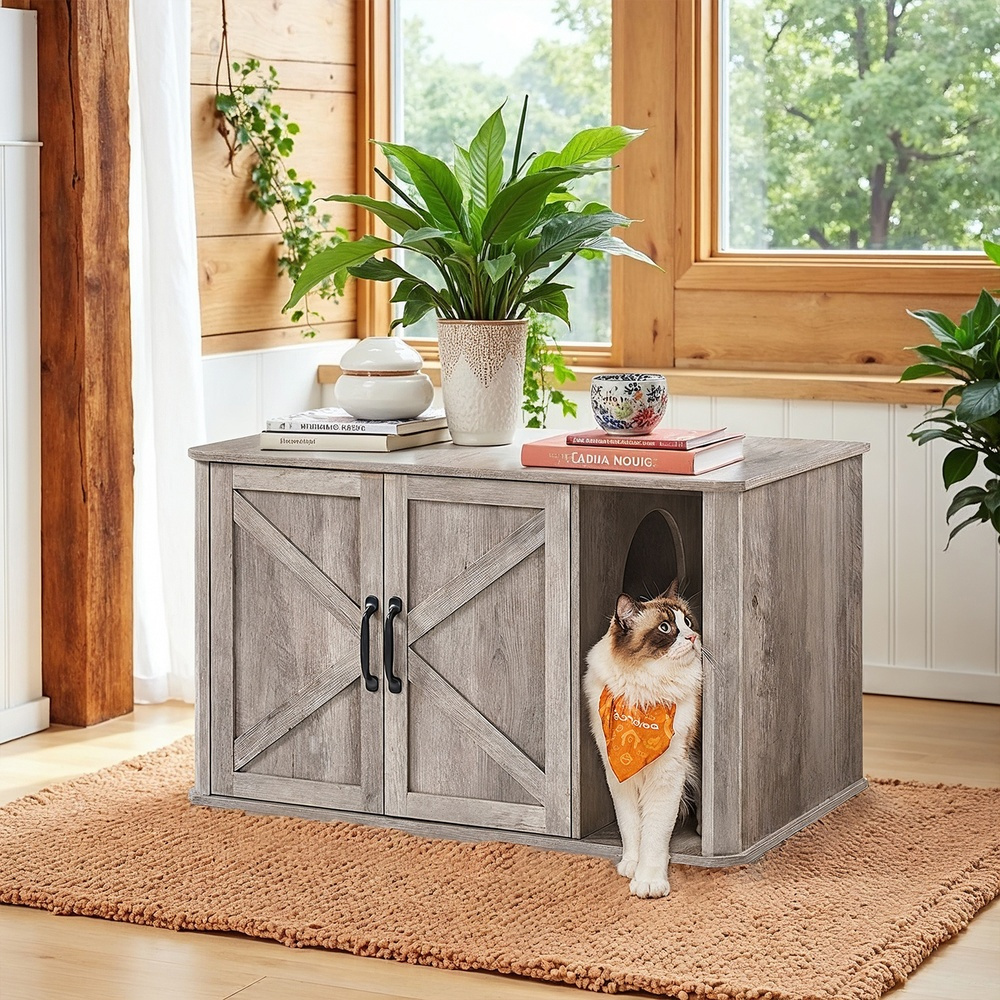 TEMU Enclos pour Bac à Litière, Maison pour Chat, Table d’Appoint Latérale, Marron et Blanc