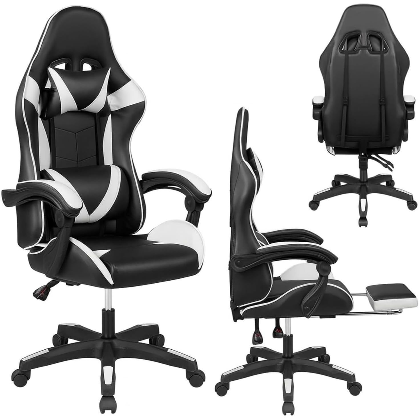 TEMU Reclining Ergonomic Gaming Chair, Swivel Office Chair With Wheels, Headrest And Lumbar Support, High Back In Leather, 125 Kg Capacity, Ideal For