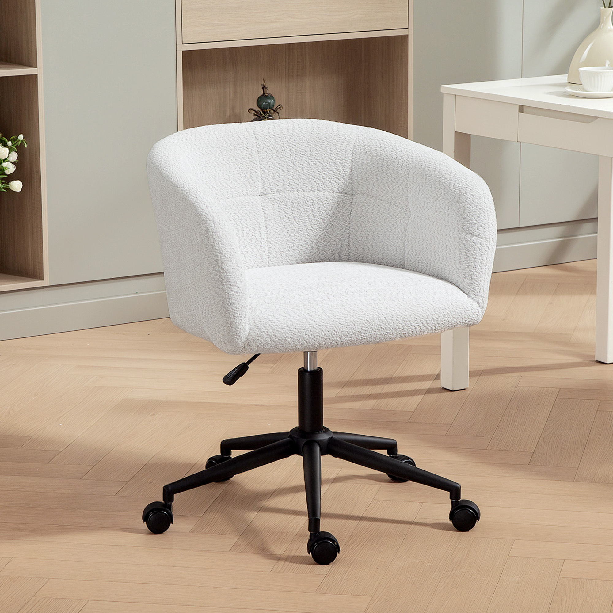 Desk Chair Home Office Chair With Velvet-linen Optics, Curved Backrest, Height-adjustable Swivel Chair With Tilt Function, Office Chair Up To 120 Kg For Study, Bedroom, Cream White