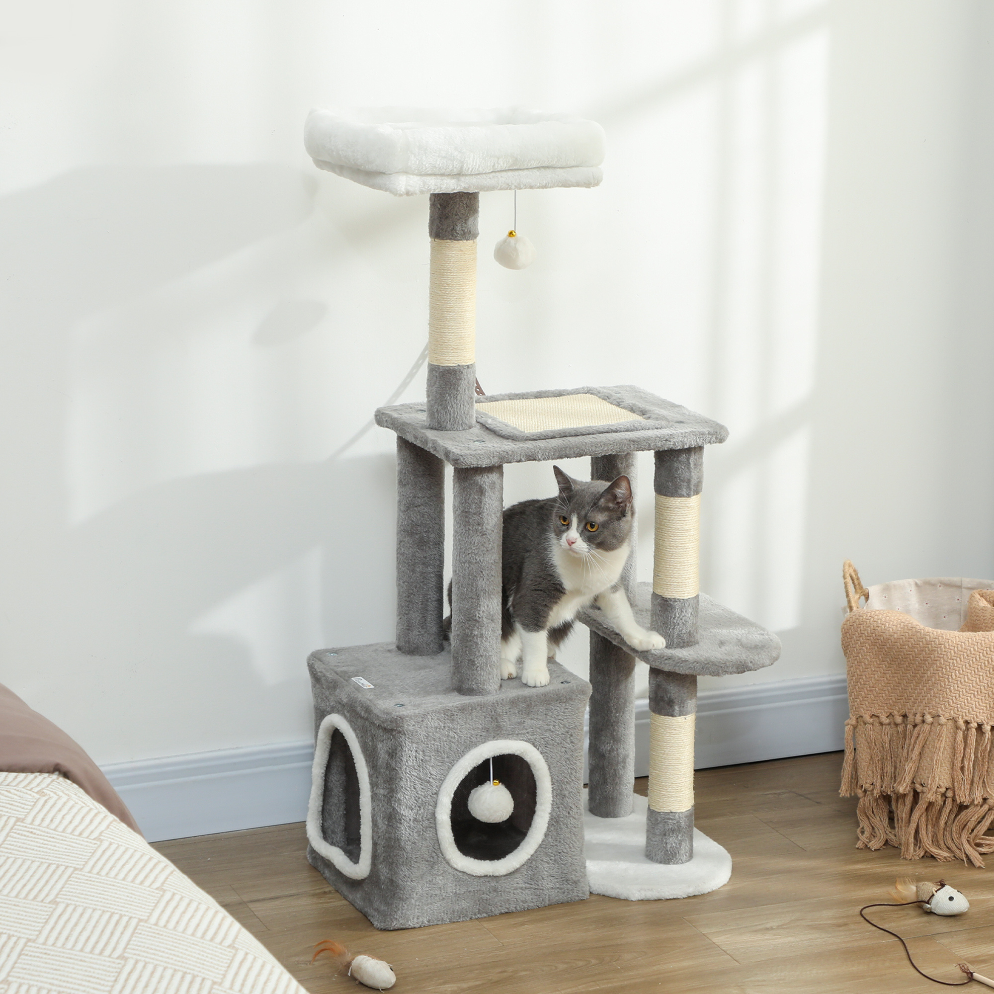 Image of 107 Cm Cat Tower With Hideout, 2 Plush Balls, Sisal Stems, Large Platform, Multi-level Cat Scratching Post, Climbing Tree For Cats Under 5 Kg, Gray