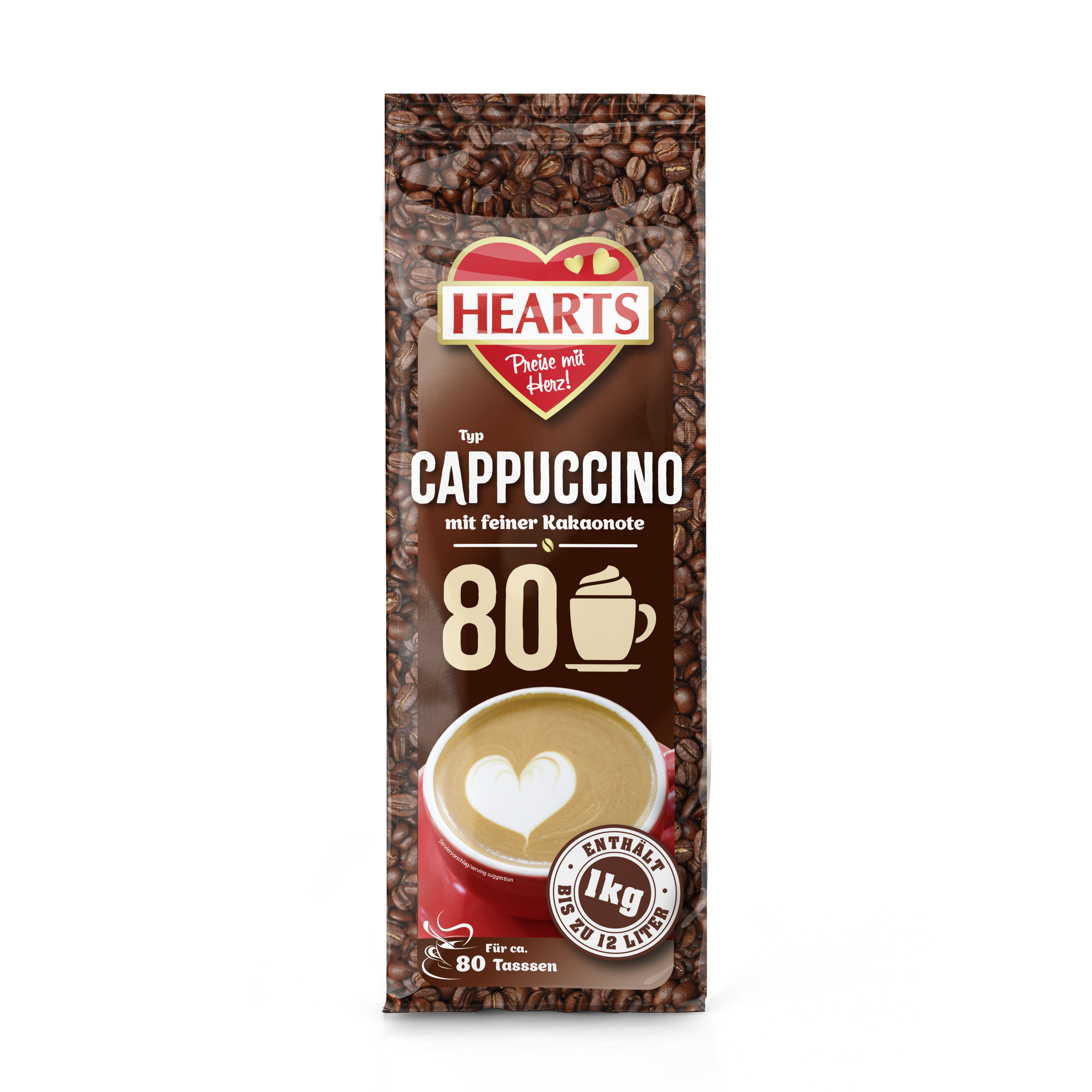 Hearts Cappuccino With Fine Cocoa Note 1kg - Approx. 80 Servings Per Bag, Extra Milky & Creamy