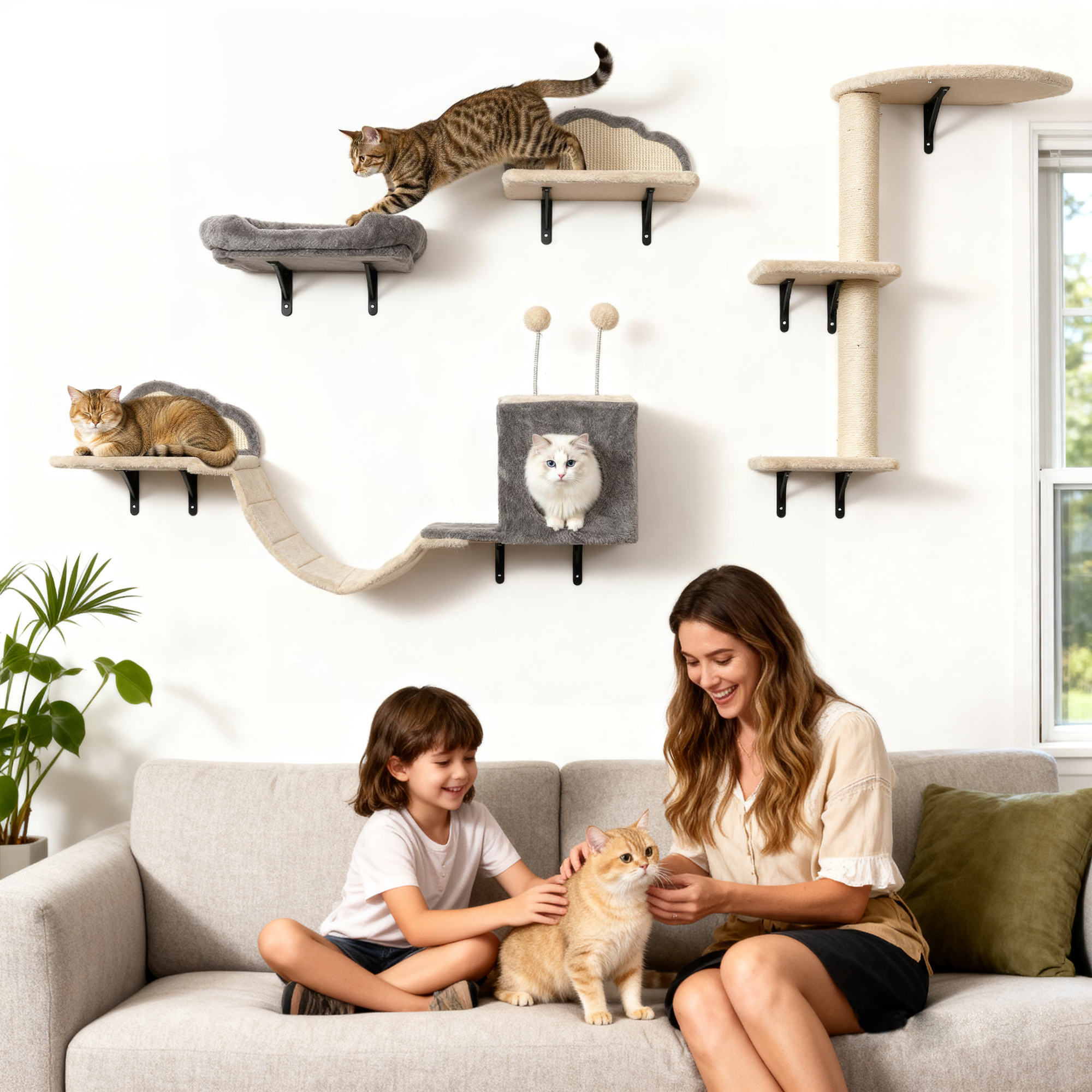 Image of Climbing Wall For Cats, 4pcs Cat Climbing Wall Set With Scratching Board, Bed, Scratching Post With Cave, Soft Ladder, Cat Furniture Up To 5 Kg, Beige