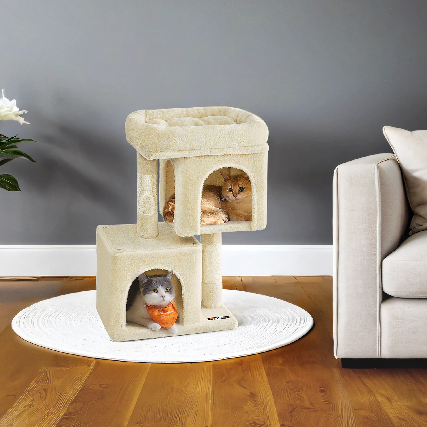 TEMU Arbre à chat, structure de jeu, griffoir, adapté aux chats de moins de 3 kg, large plate- avec 2 alcôves, beige