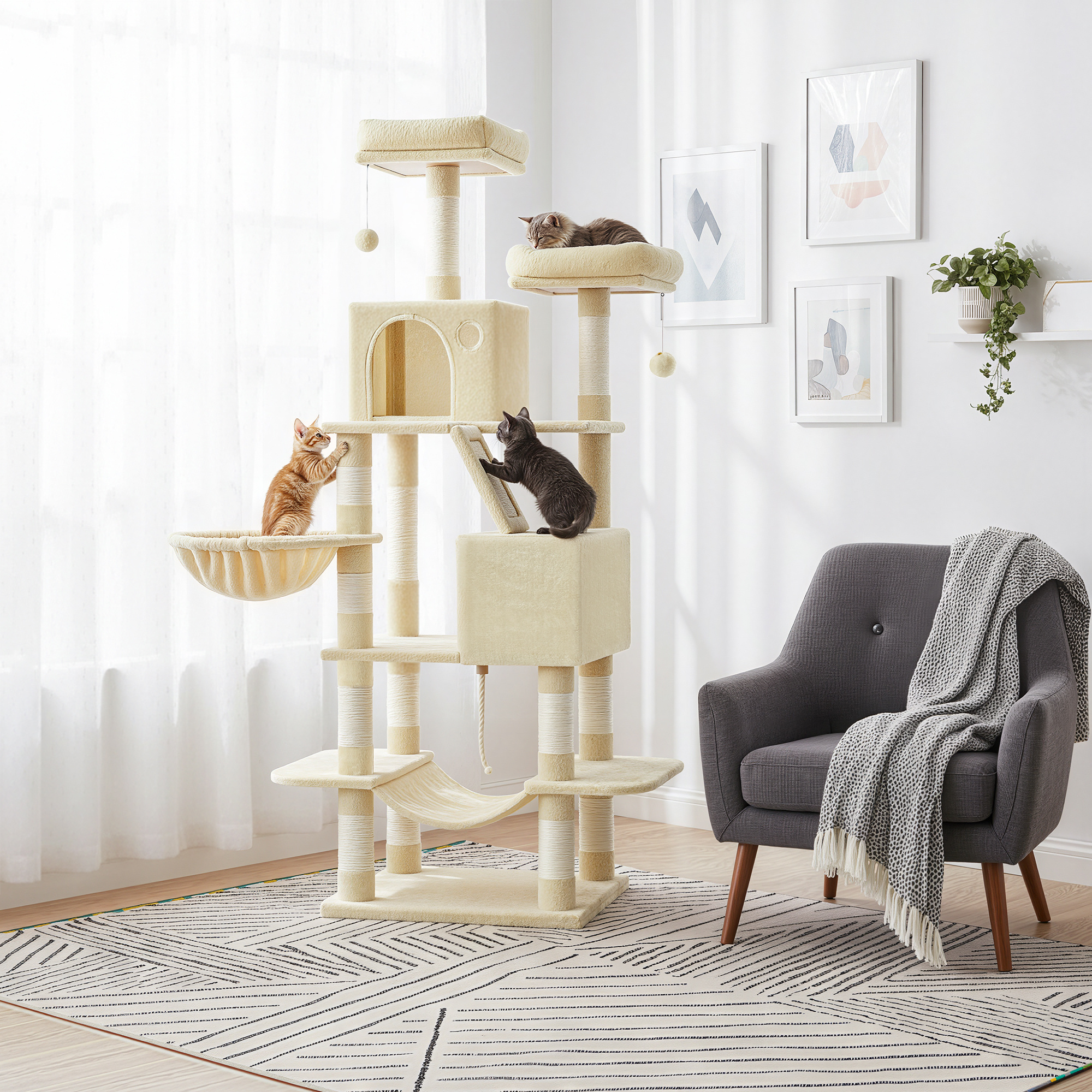 TEMU Grand arbre à chat comprenant 13 poteaux à , 2 perchoirs et 1 hamac , 55 x 45 cm