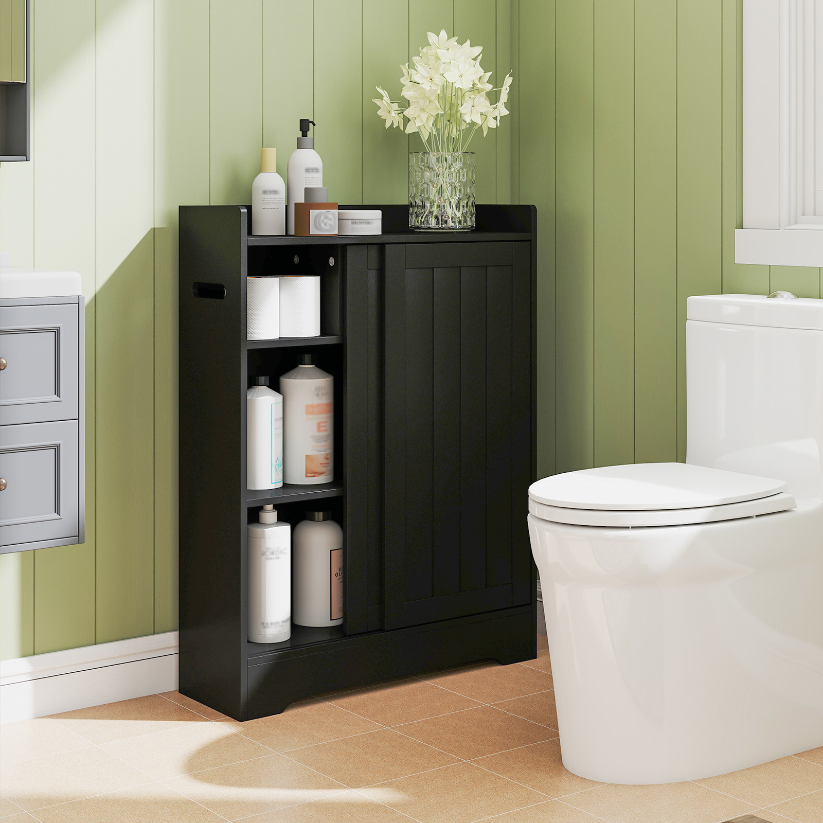 Image of Bathroom Storage Cabinet, Slim Floor Cabinet With Toilet Paper Holders, Brush Compartment & Adjustable Shelves Next To Toilet, Sliding Door Cabinet For Small Spaces, Black
