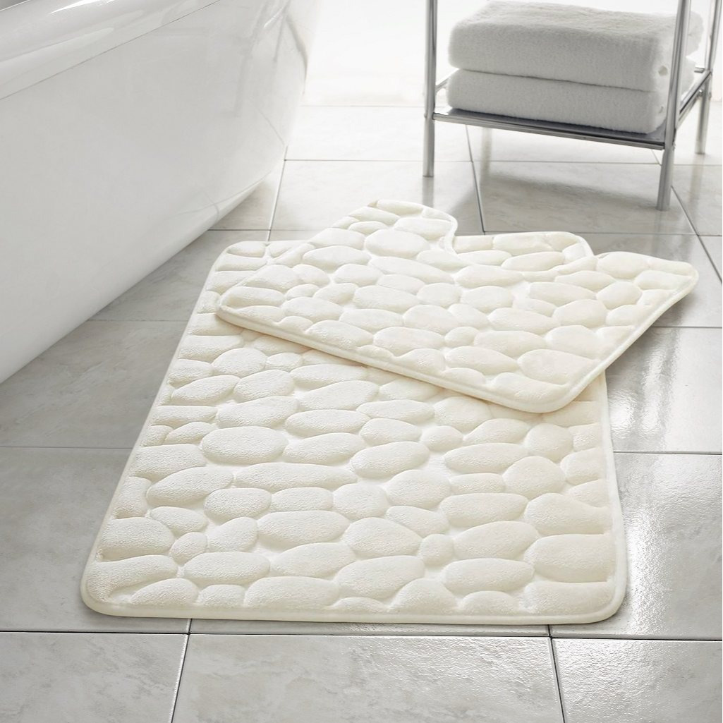 TEMU Luxurious Memory Foam Bath Mat Set 2pcs – Pebble Design Non Slip Bathroom Rugs, Super Dry Washable Floor Mats For Shower, Tub & Toilet – 50x50cm