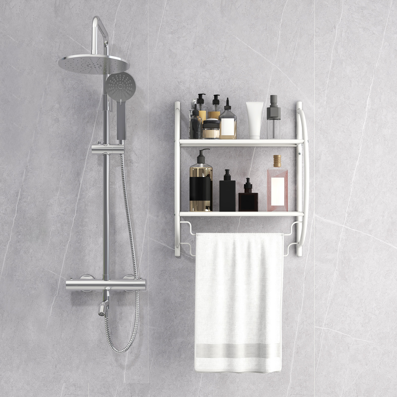 Wall Mounted Bathroom Shelf, 2-tier Bathroom Towel Rack W/ 2 Towel Bars, Rustproof Bathroom Shelves Over Toilet, Multipurpose Storage Shelf For Bathroom, Kitchen, Entryway, White