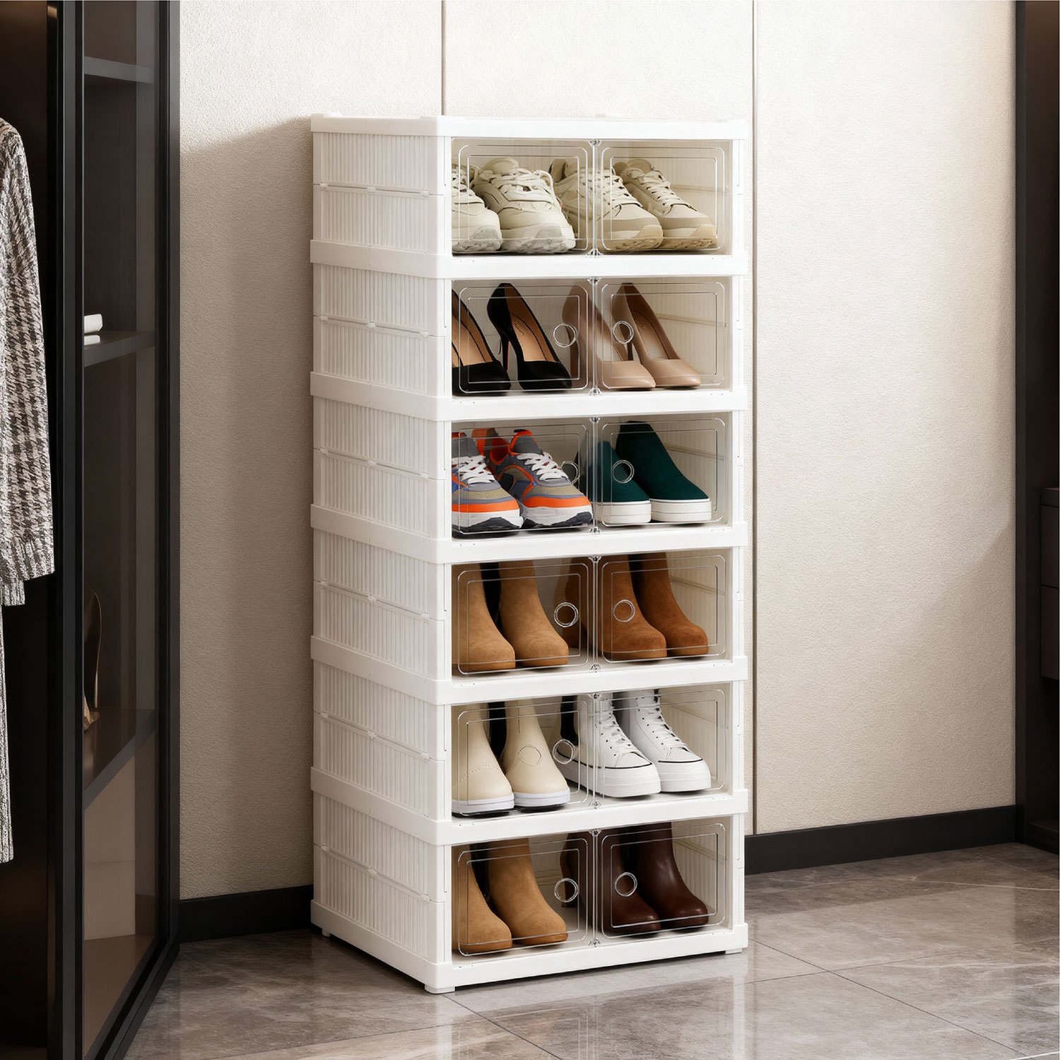 TEMU 6 Tier Storage Organiser Box White 6 Layer Foldable Collapsible Stackable Shoe Rack Bins For Sneakers Shoes With Clear Display & Magnetic Doors,