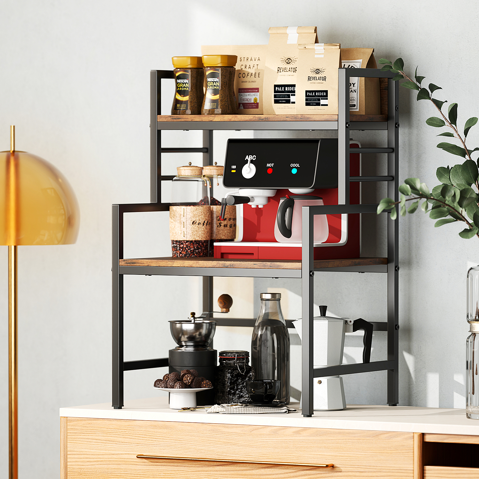 Image of 3-tier Microwave Stand, Industrial Countertop Organizer With 2 Open Shelves, Space- Spice Rack With Heavy-duty Metal Frame For Kitchen Coffee Bar, 110 Lbs Capacity, Rustic Brown