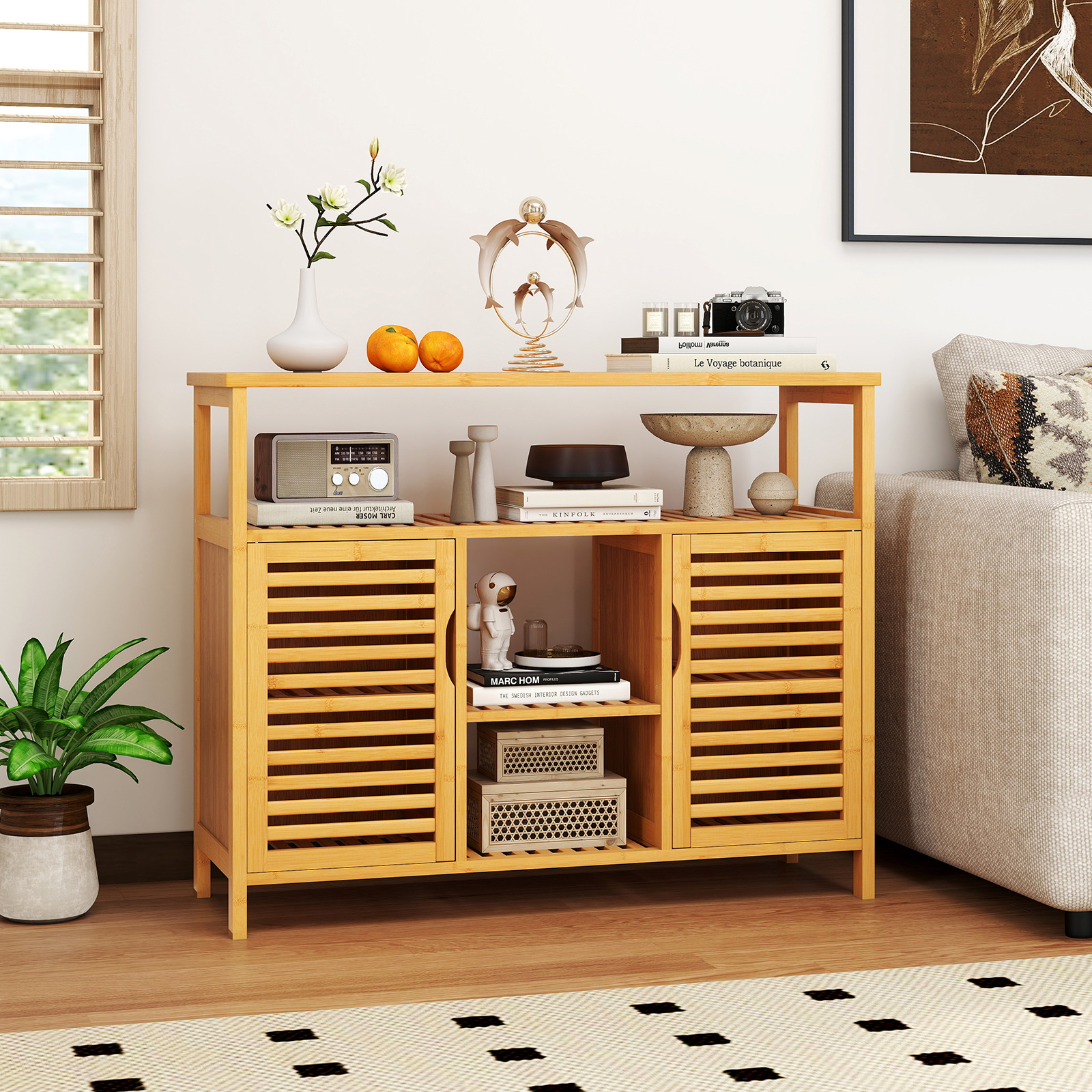 Image of Bamboo Bathroom Cabinet, 2-door Storage Organizer With Shelves, Freestanding Storage Unit, Slatted Home Furniture For Living Room Entryway Kitchen Dining Room, Natural