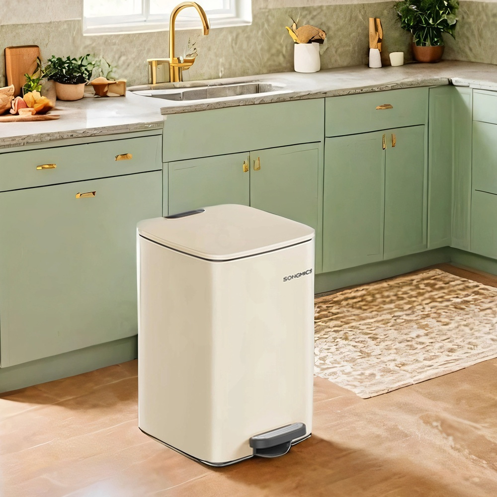 TEMU Poubelle de cuisine, 20 litres, poubelle à pédale, en acier, avec seau intérieur, fermeture en , fonction de maintien ouvert, beige