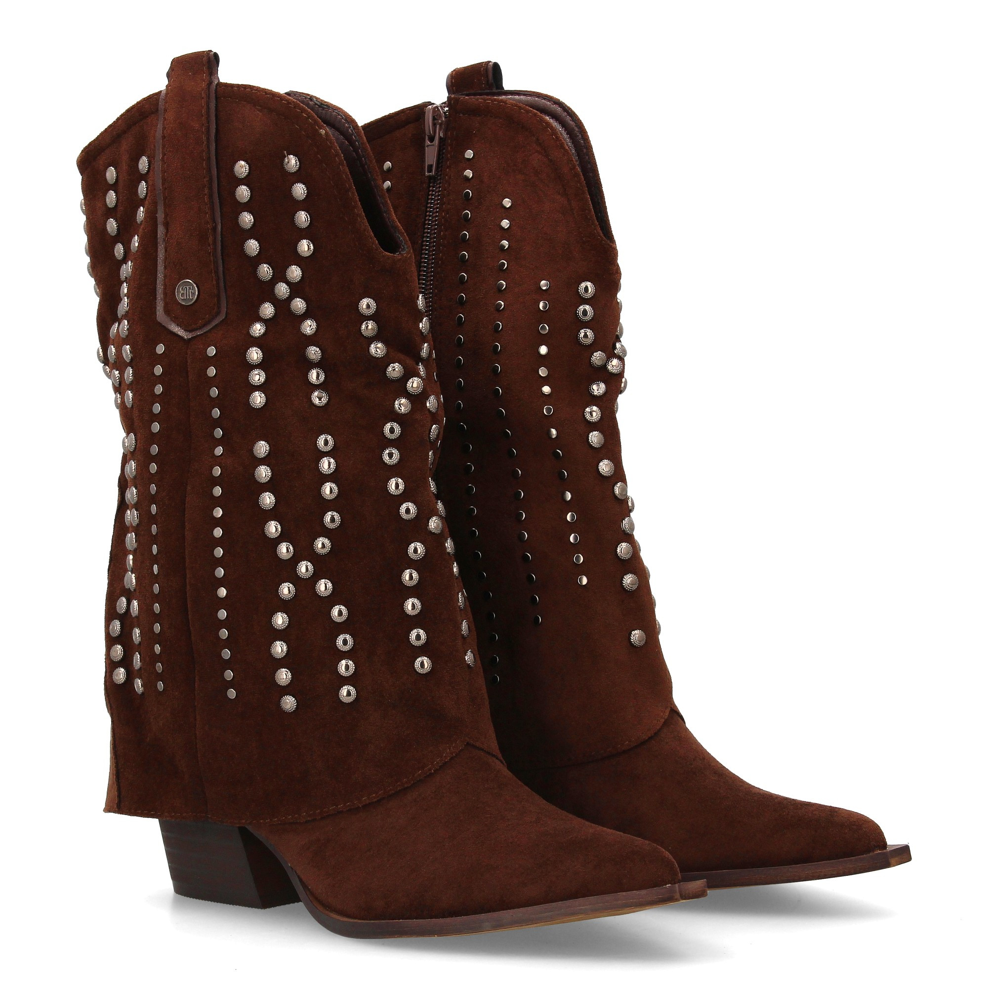 Image of Women's Cowboy Boot With Mid-calf Height And Western Design. Decorated With Metallic Studs In Geometric Pattern, Pointed Toe, And Square Cuban Heel. Perfect For Fall And Winter