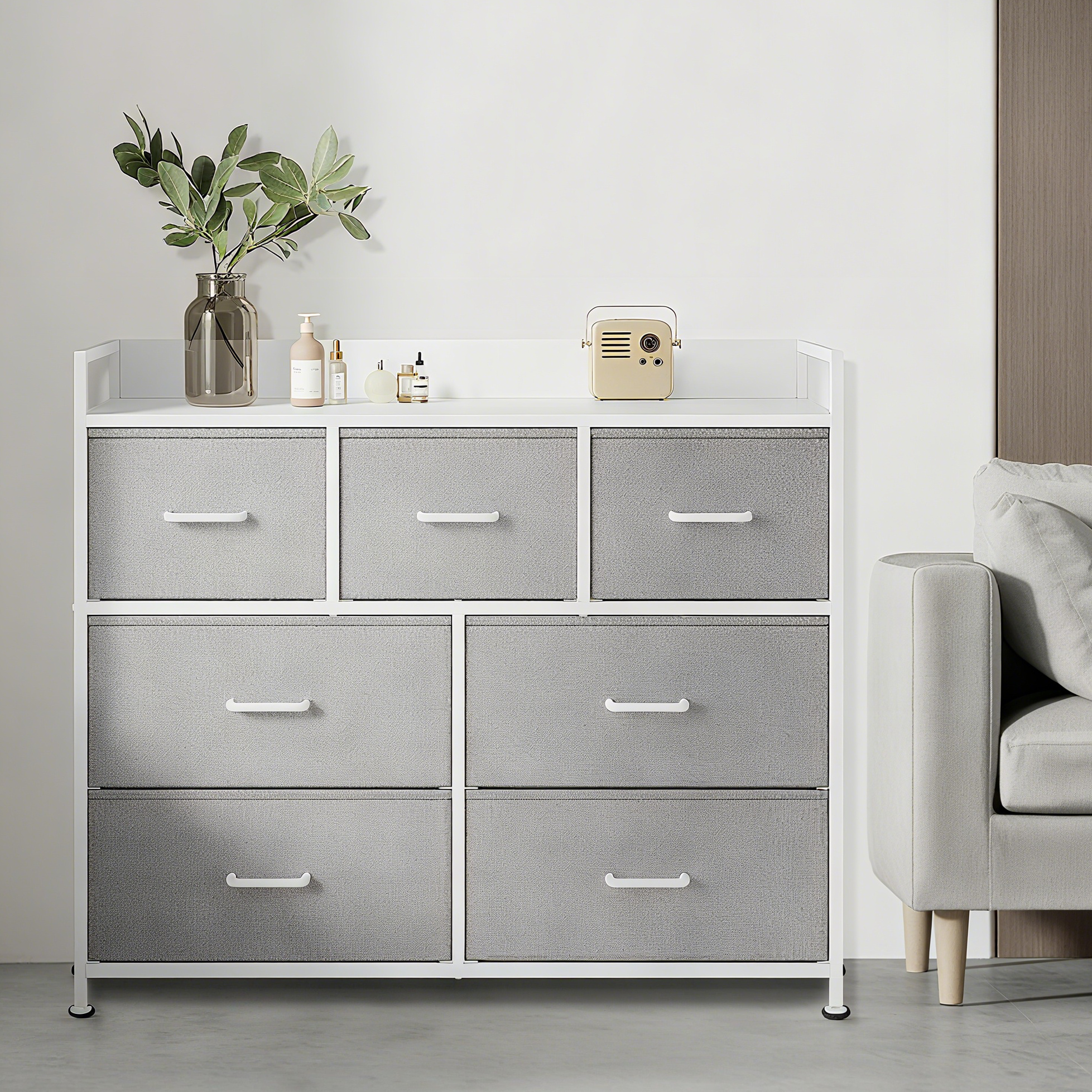 Image of Dresser, Cabinet, 28.6 X 98.1 X 85.1 Cm (d X W X H), 7 Fabric Drawers With Handles, Metal Frame