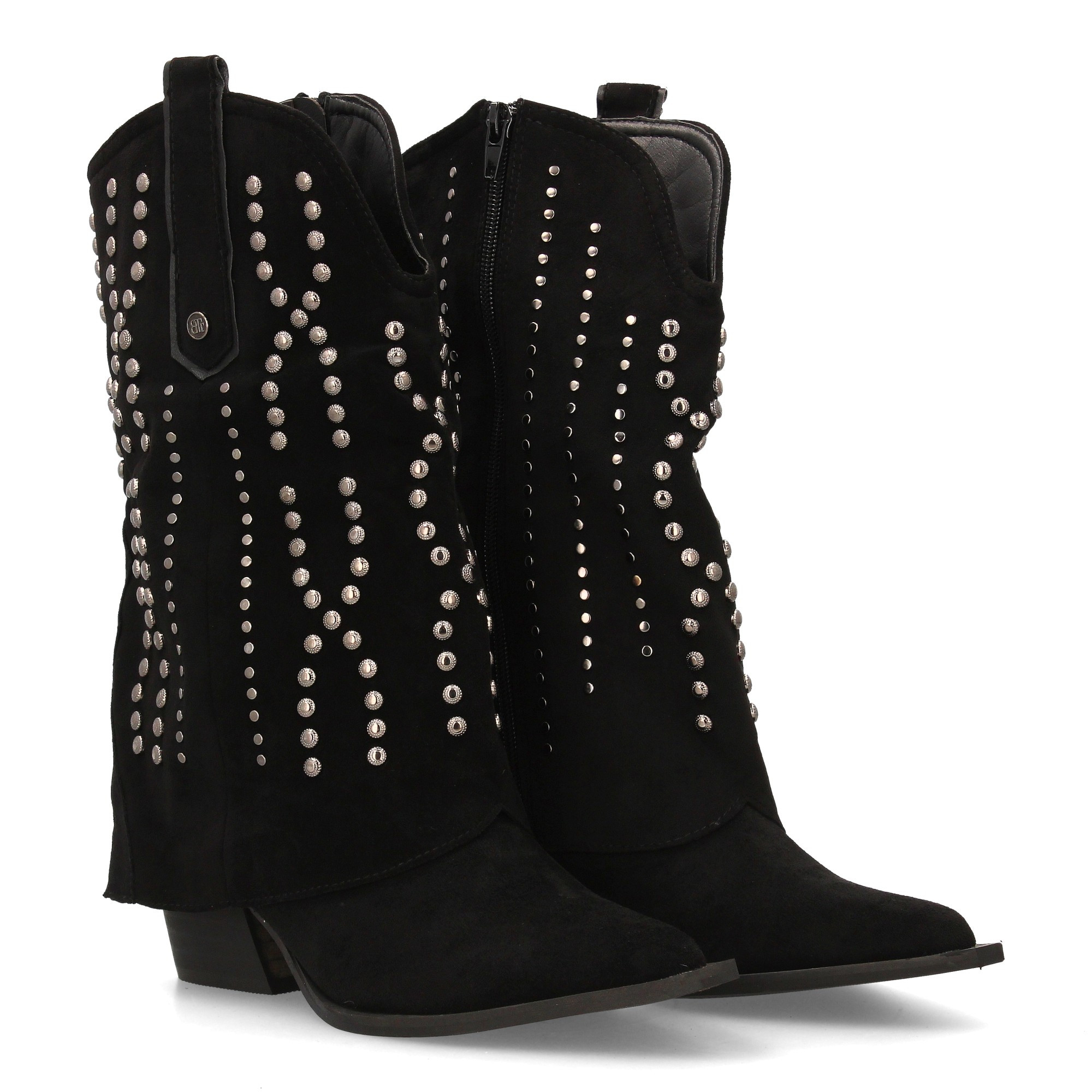 Image of Women's Cowboy Boot With Mid-calf Height And Western Design. Decorated With Metallic Studs In Geometric Pattern, Pointed Toe, And Square Cuban Heel. Perfect For Fall And Winter