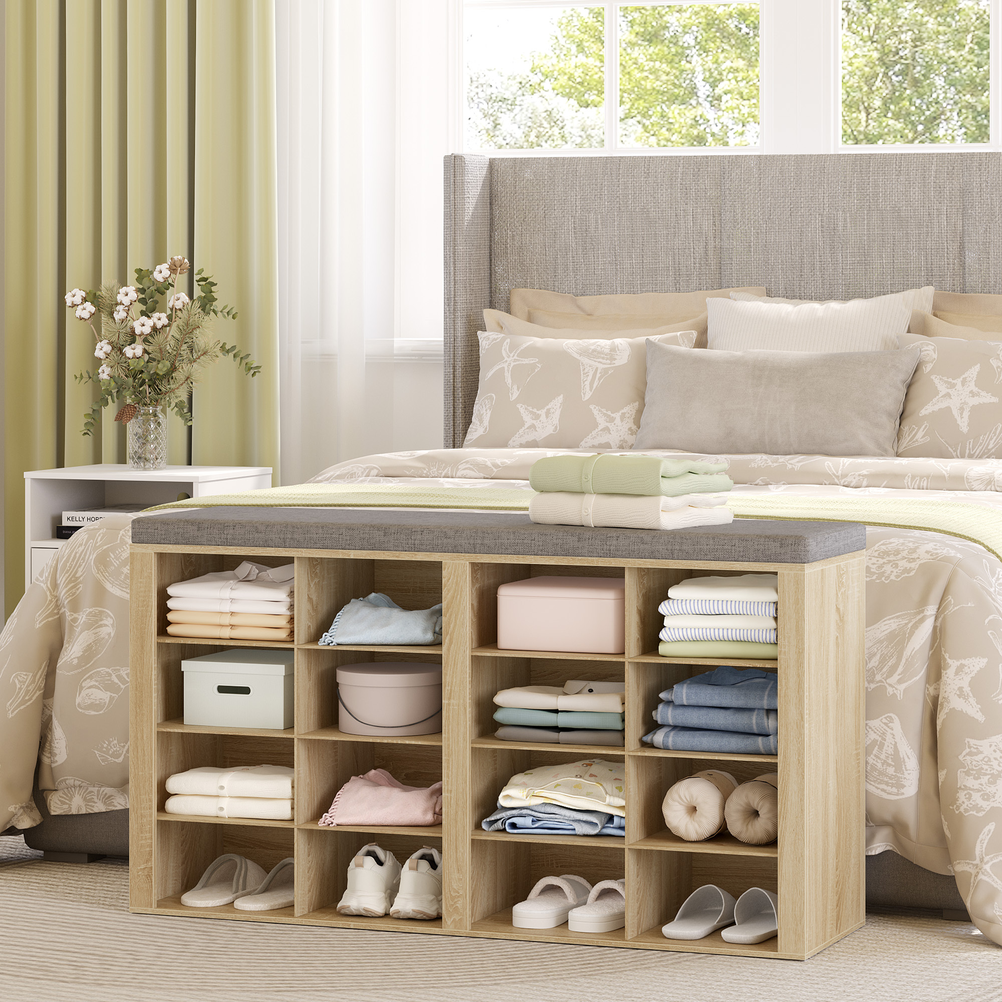 Shoe Bench With Seat, Shoe Cabinet With Bench With 16 Compartments, Entryway Bench With Adjustable Shelves For Living Room, Bedroom, Hallway, White-grey/oak
