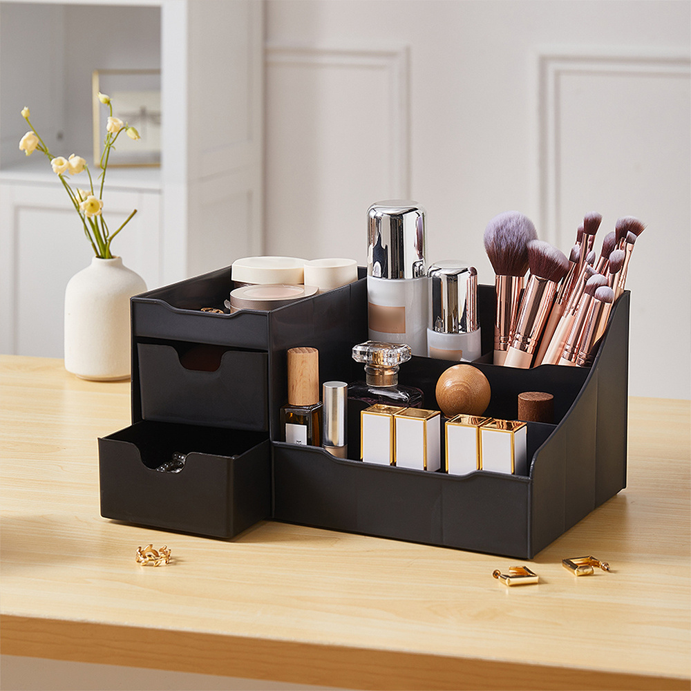 TEMU Black Portable Makeup Organizer With 9 Compartments & Drawers Cosmetic Storage For Vanity, Bathroom, Bedroom, Dresser - No Assembly Needed,