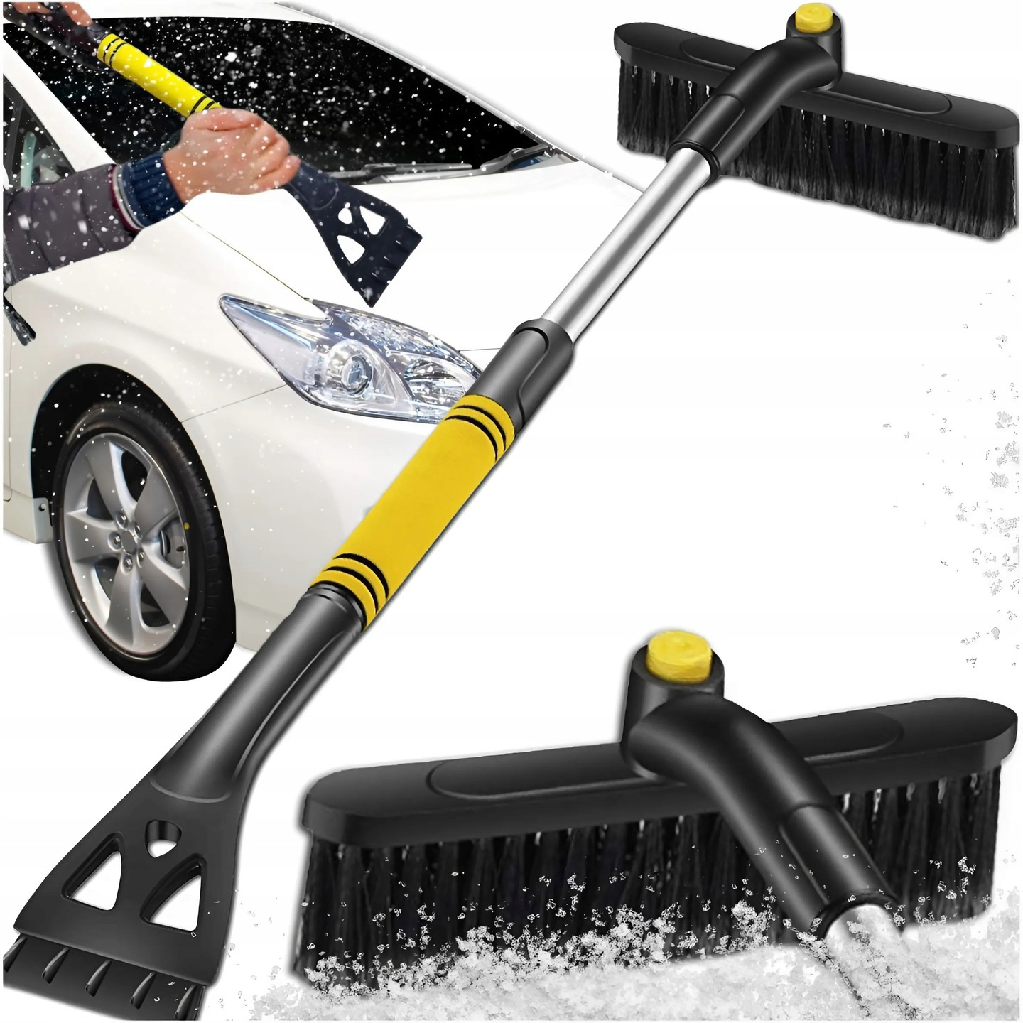 TEMU Telescopic Foldable 2-in-1 Car Snow And Ice Scraper Brush With Anti-slip Foam Handle, Adjustable Length 64–80cm, Soft Dense Bristles For Car