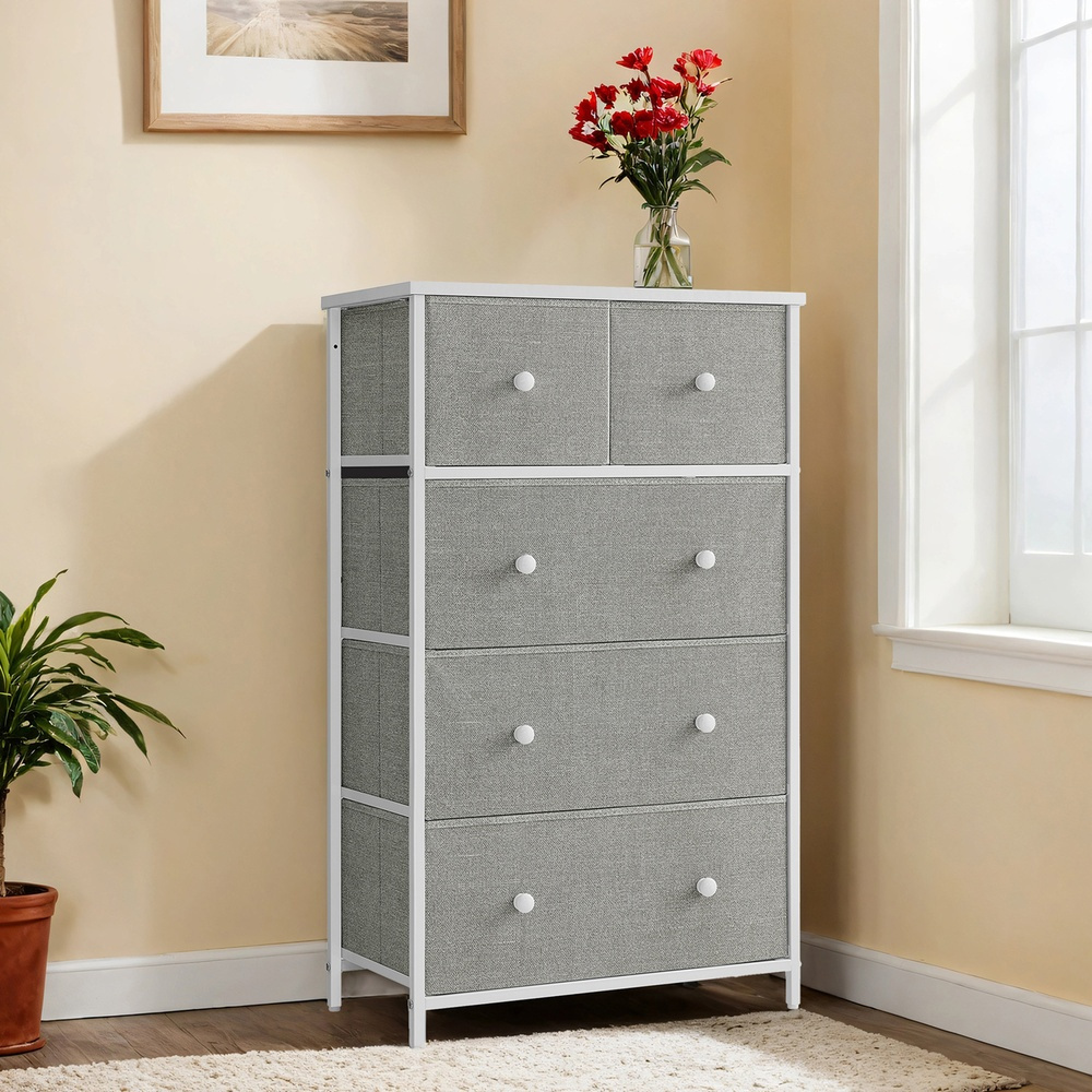 TEMU Commode, armoire de rangement avec 5 tiroirs, en acier, tissu, pour , , et blanc