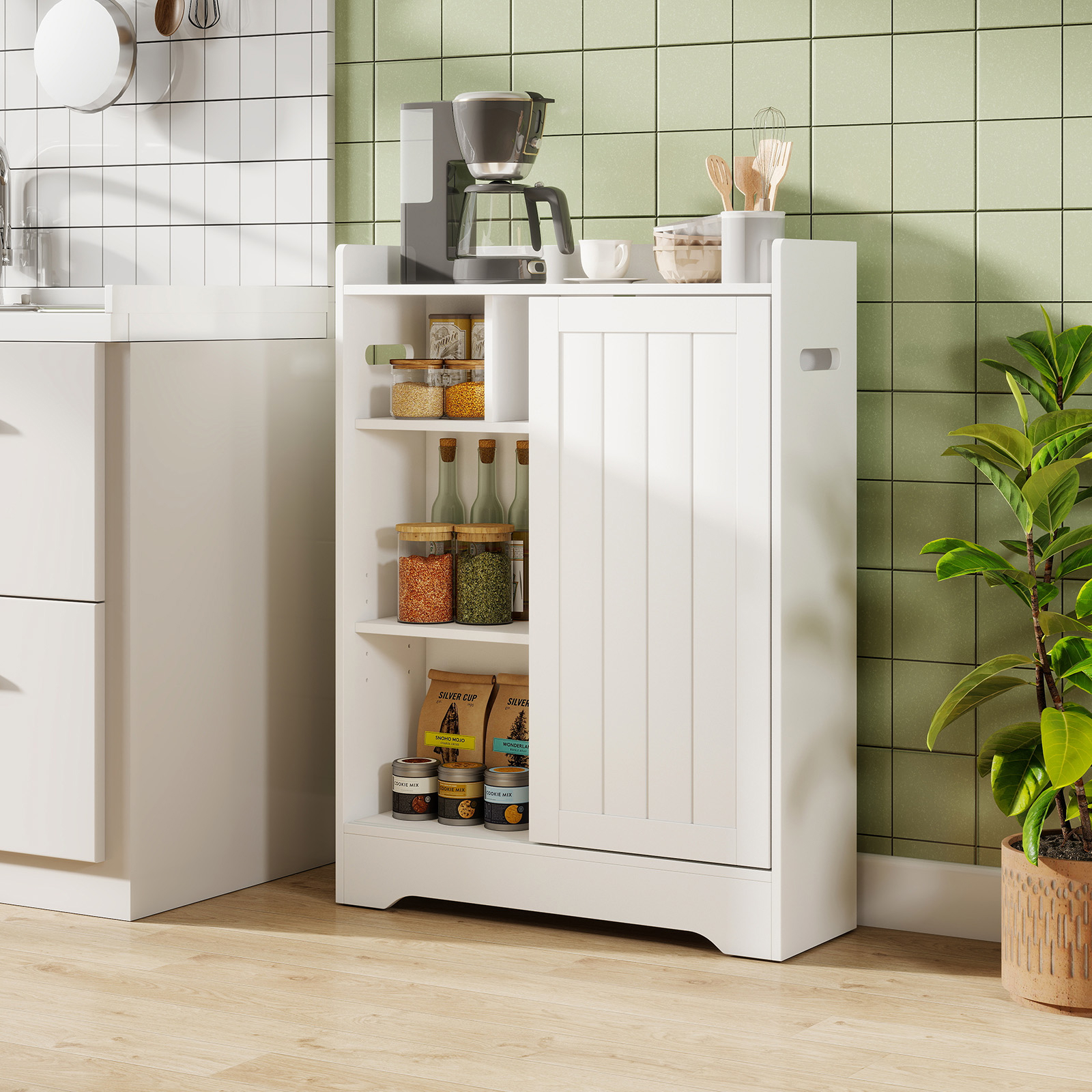 Image of Bathroom Storage Cabinet, Slim Floor Cabinet With Toilet Paper Holders, Brush Compartment & Adjustable Shelves Next To Toilet, Sliding Door Cabinet For Small Spaces, White