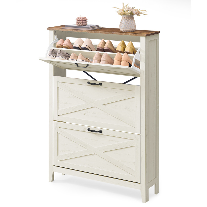 Image of Shoe Cabinet 3 Doors, Shoe Rack, Shoe Shelf, For Entrance Area, Country House Style, For 18-24 Pairs Of Shoes, Vintage White.