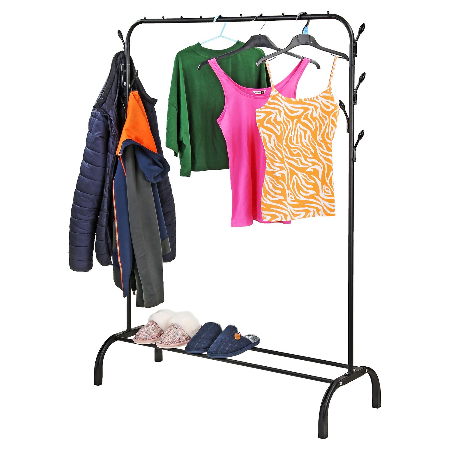 TEMU Heavy Duty Clothes Rail, Black Metal Rack Clothing Rail With 8 Hanging Coat Hooks And Bottom Storage Shelf, Wardrobe Clothes Rails For Bedroom