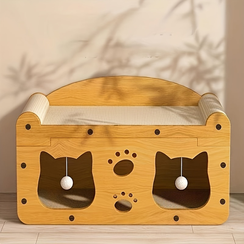 E-shop 2-in-1 Kratzbaum und gemütliches Katzenbett mit hängendem Ballspielzeug – Großes Kartonbett-Appartement zum Ausruhen und Spielen, für