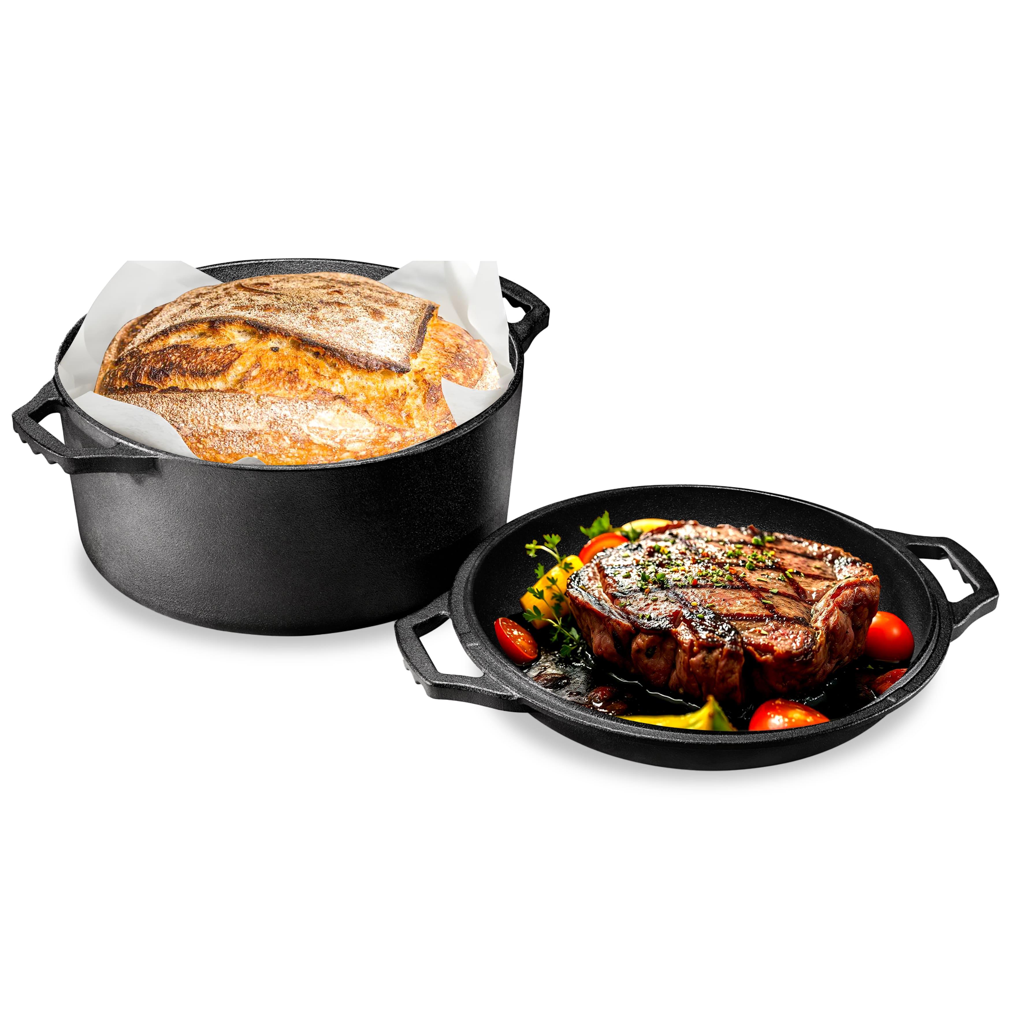 Image of Nutrichef Cast Iron Roaster With Lid For Induction – Dutch Oven Set, Cast Iron Pot – Braising Pot With Lid 2-in-1: Cast Iron Pot For Baking Bread & Cast Iron Pan, Oven-safe Pots & Pans
