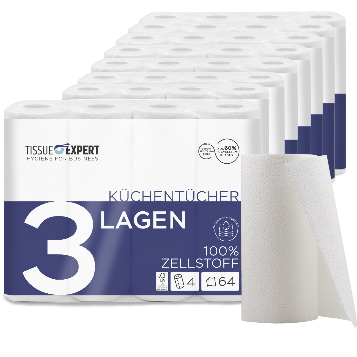 E-shop Tissue Küchentücher, 32 Rollen, 100 % , Küchenrolle, Haushaltsrolle, Vorratspackung, extra sparen, Küchenpapier, sehr saugstark, viele Blatt pro