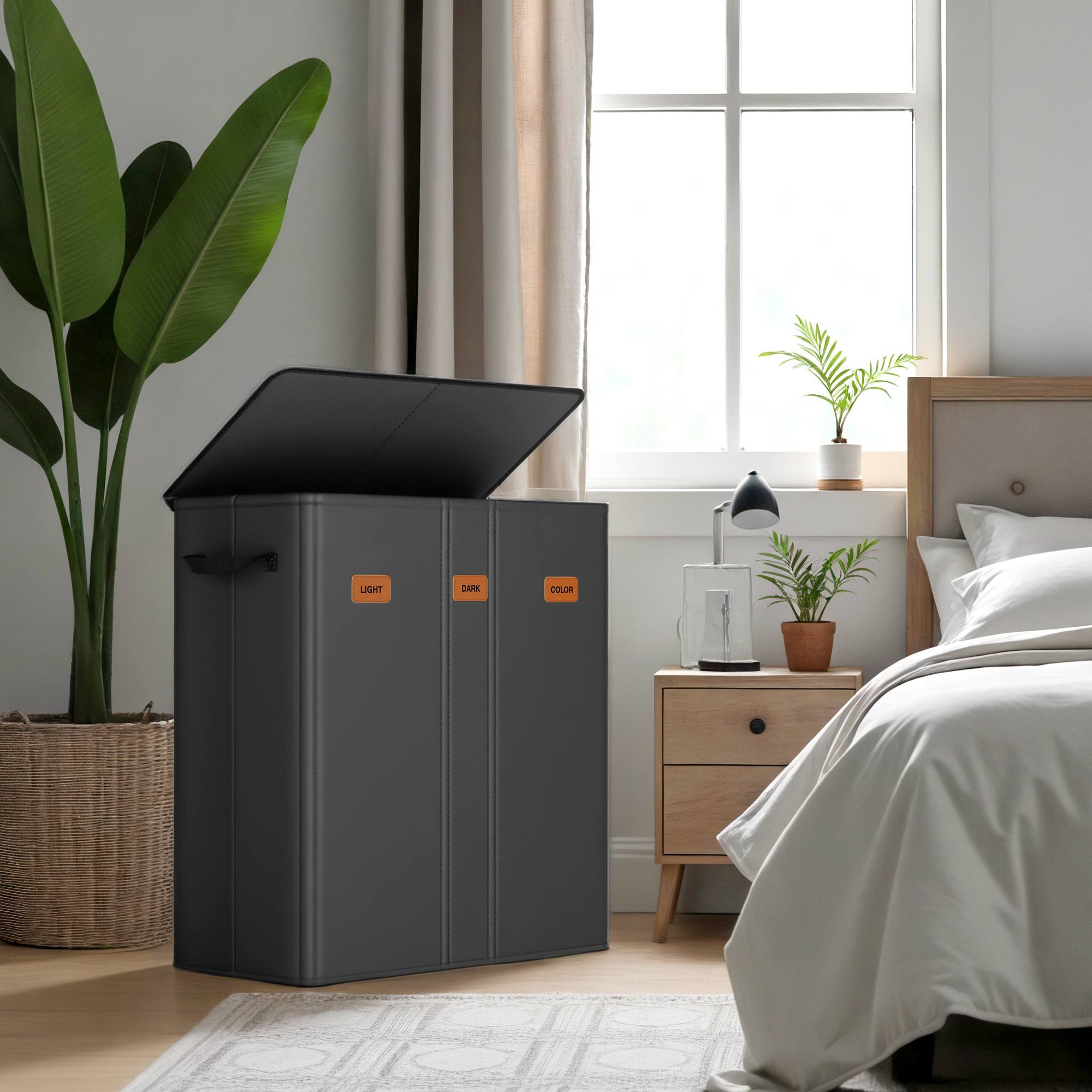 Laundry Basket, Fabric Laundry Basket, 3 Compartments, 160 L Capacity, With Lid, With Removable And Washable Inner Bag, Suitable For Bathrooms And Bedrooms.