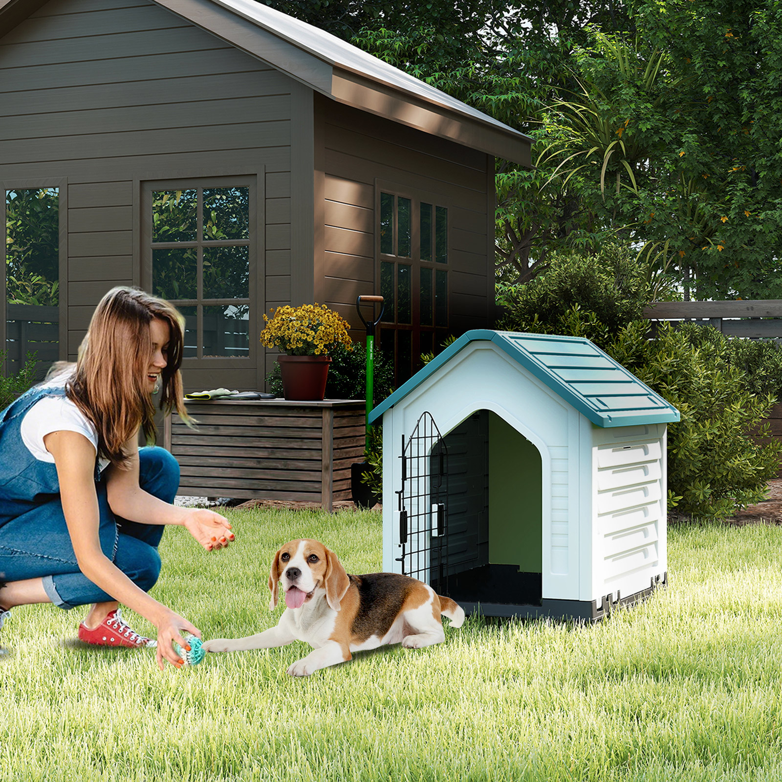 Plastic Dog House, Doghouse Puppy Shelter With Lockable Mesh Door And Elevated Floor, Air Vents, Roof