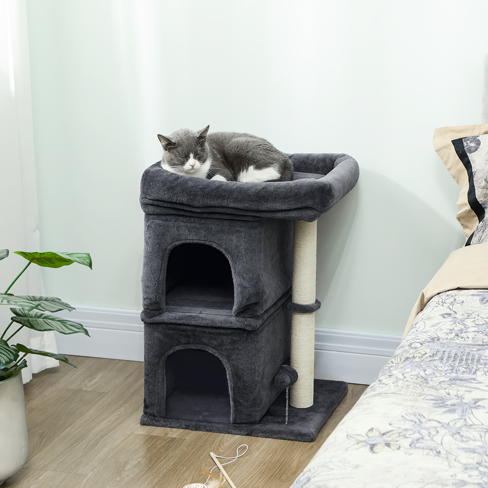 Scratching Post 66 Cm Small Cat Tree With 2 Cat Caves, Lying Area, Cat Scratching Post With Scratching Trunk, Play Ball, Cat Furniture For Cats Kg, Dark Grey