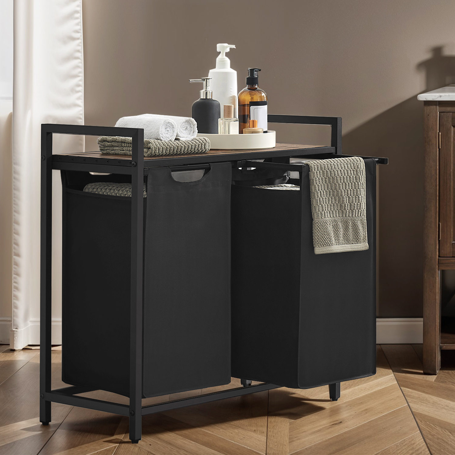 2-compartment Laundry Basket With Storage, 2 X 46l , Detachable Oxford Fabric Laundry Bag, 77 X 33 X 72 Cm